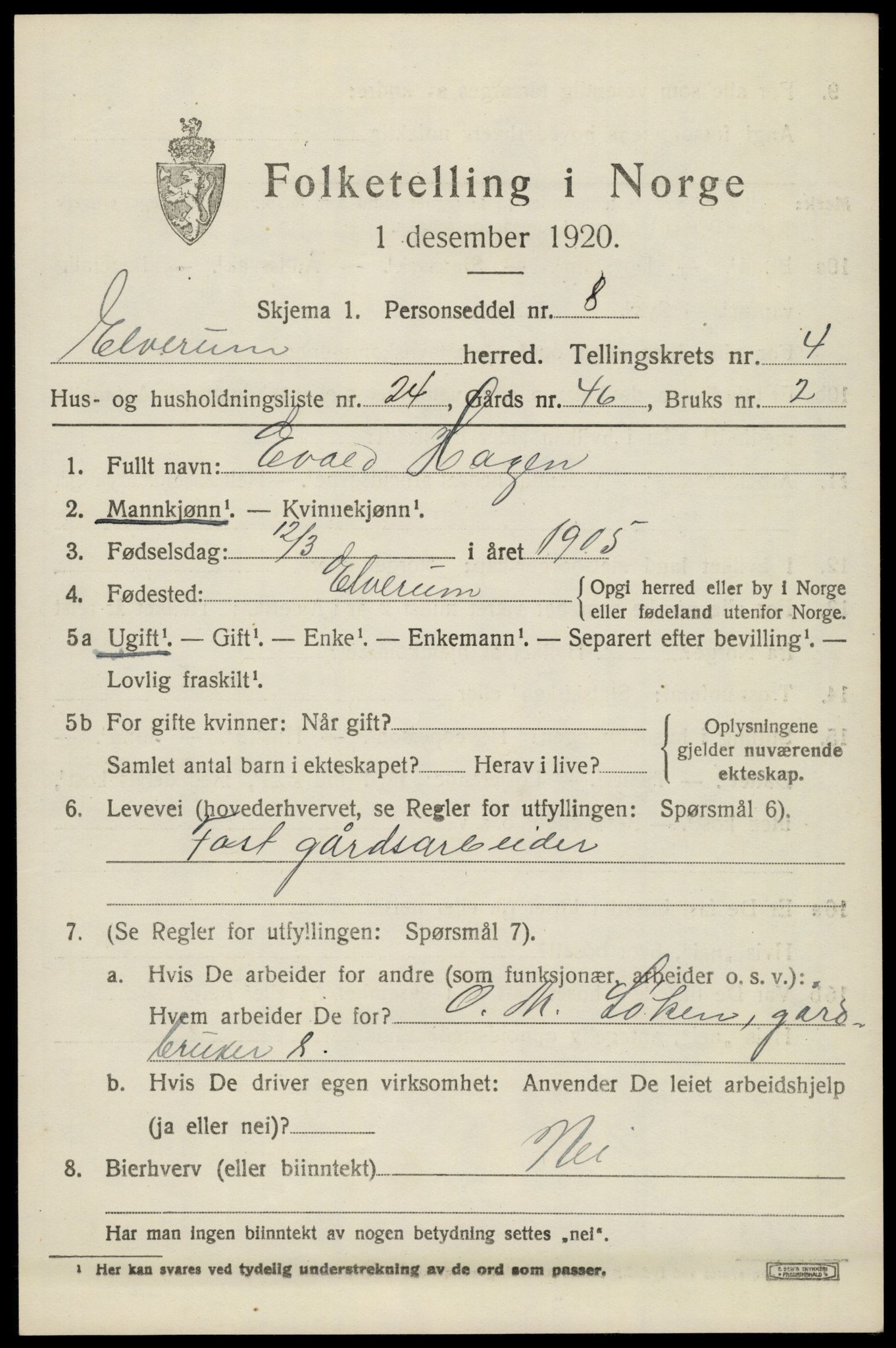 SAH, 1920 census for Elverum, 1920, p. 6928