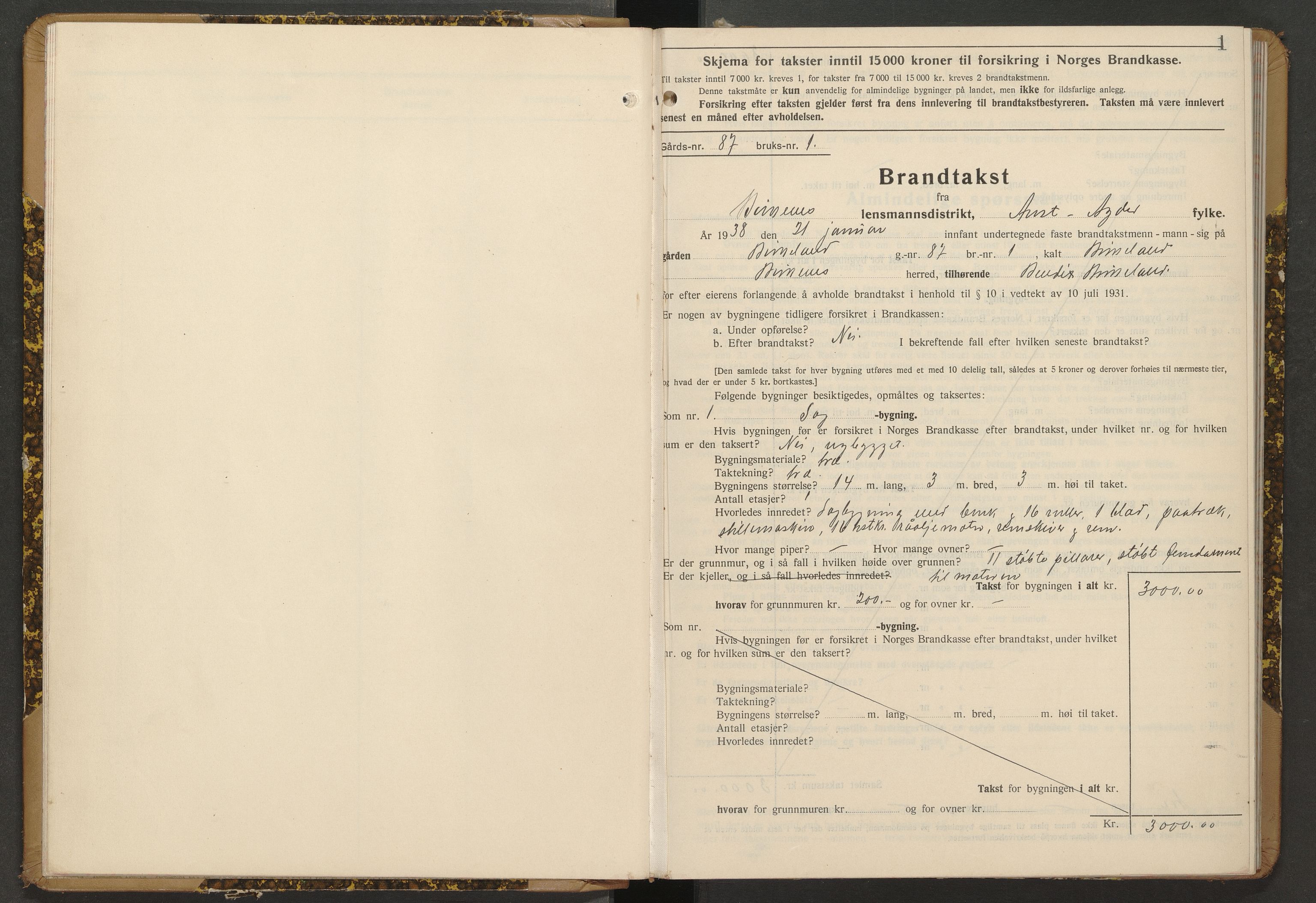 Norges Brannkasse Birkenes, AV/SAK-2241-0005/F/Fa/L0013: Branntakstprotokoll nr. 13 med gårdsnavnregister, 1938-1951