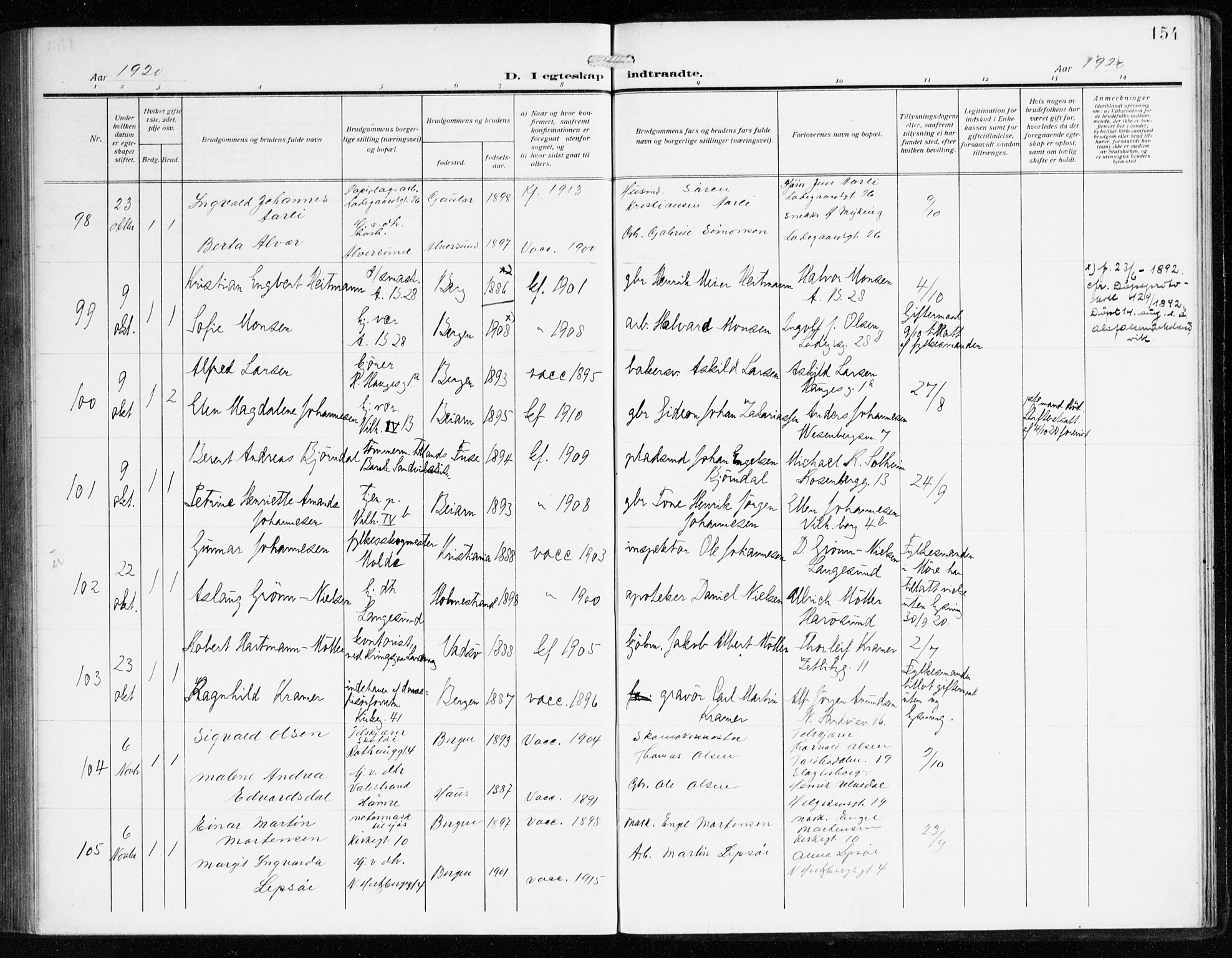 Sandviken Sokneprestembete, AV/SAB-A-77601/H/Ha/L0015: Parish register (official) no. D 2, 1911-1923, p. 154