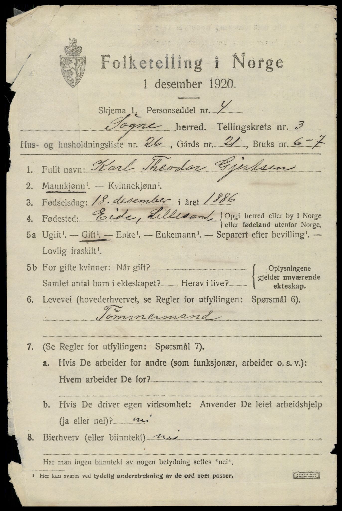 SAK, 1920 census for Søgne, 1920, p. 1857