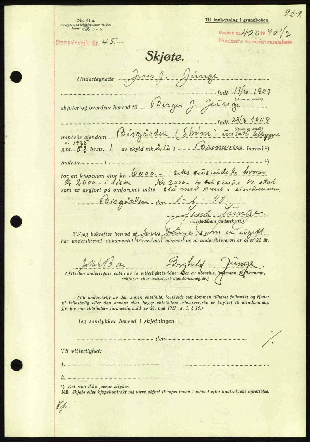 Nordmøre sorenskriveri, AV/SAT-A-4132/1/2/2Ca: Mortgage book no. A87, 1939-1940, Diary no: : 420/1940