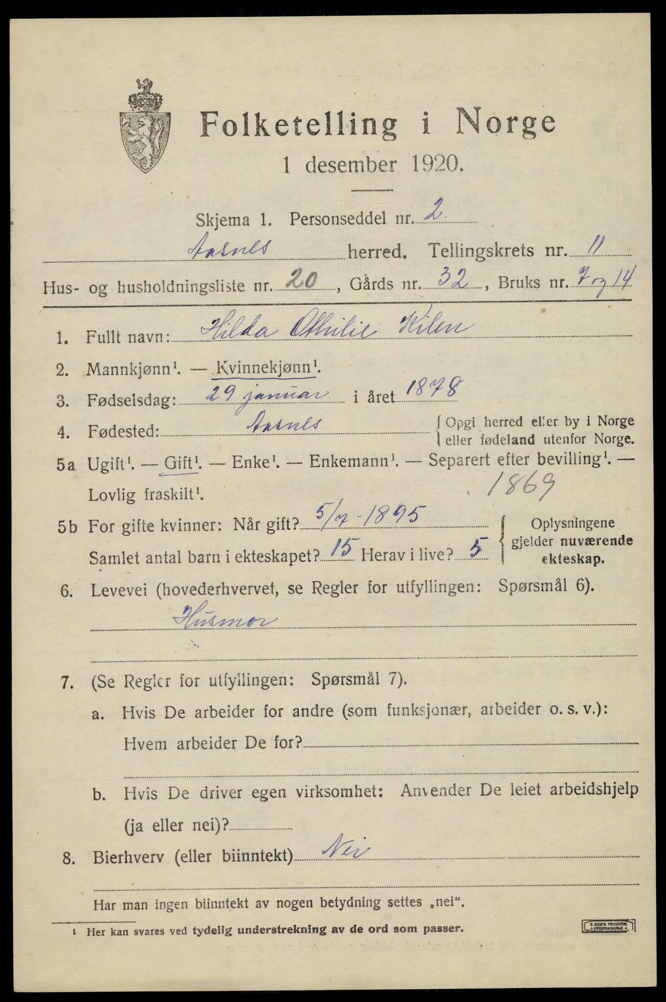 SAH, 1920 census for Åsnes, 1920, p. 11724