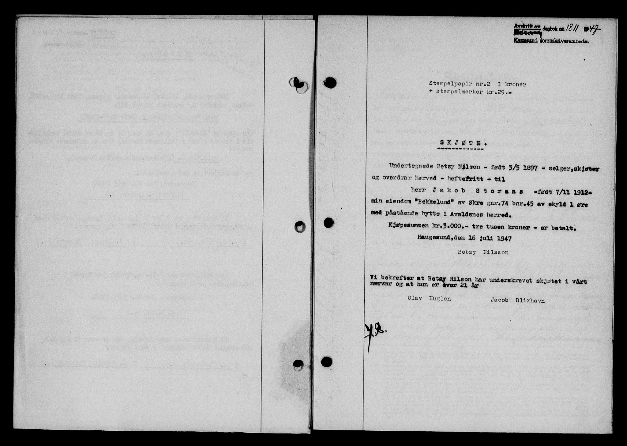 Karmsund sorenskriveri, SAST/A-100311/01/II/IIB/L0090: Mortgage book no. 70A, 1947-1947, Diary no: : 1811/1947