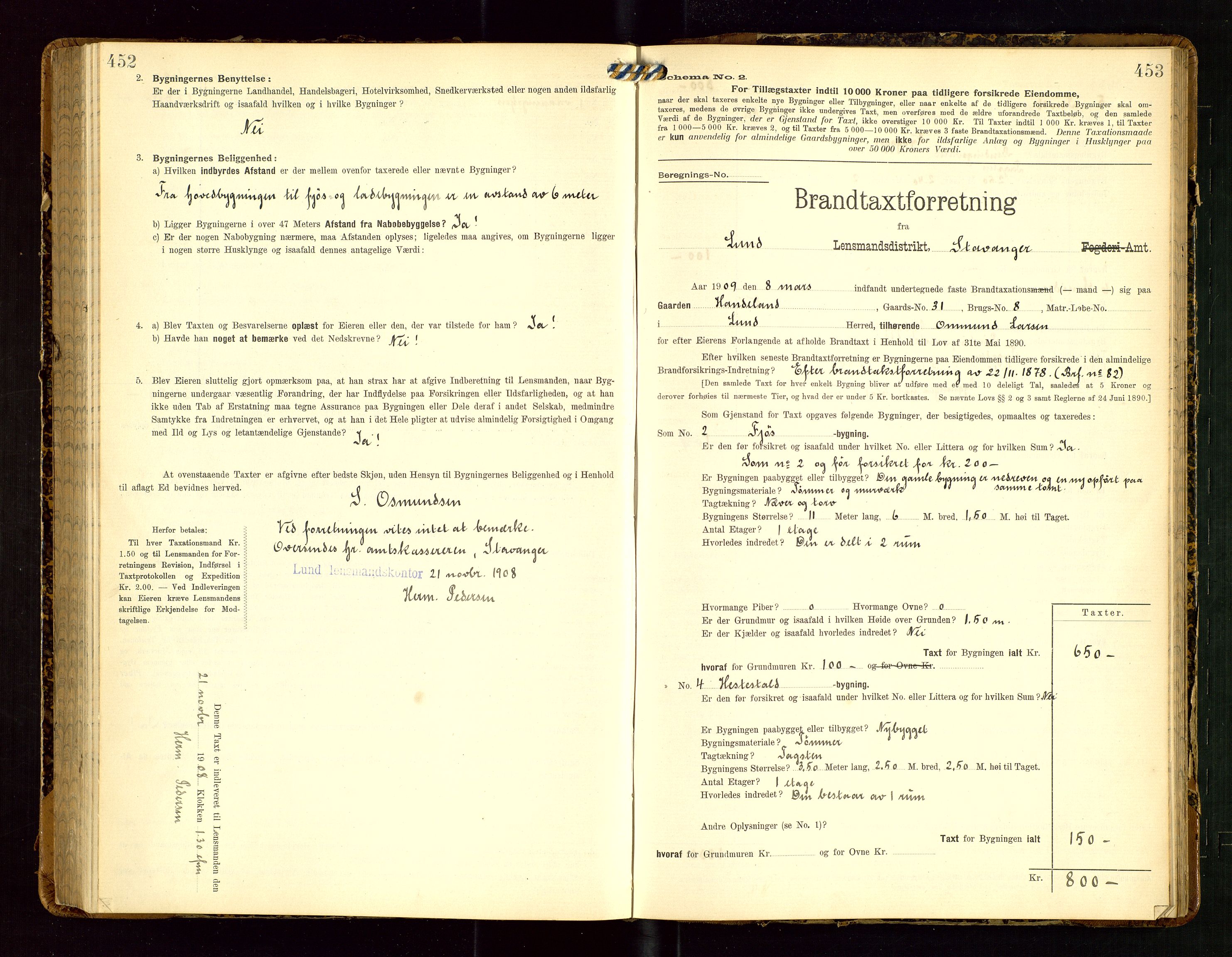 Lund lensmannskontor, SAST/A-100303/Gob/L0002: "Brandtakstprotokol", 1908-1918, p. 452-453