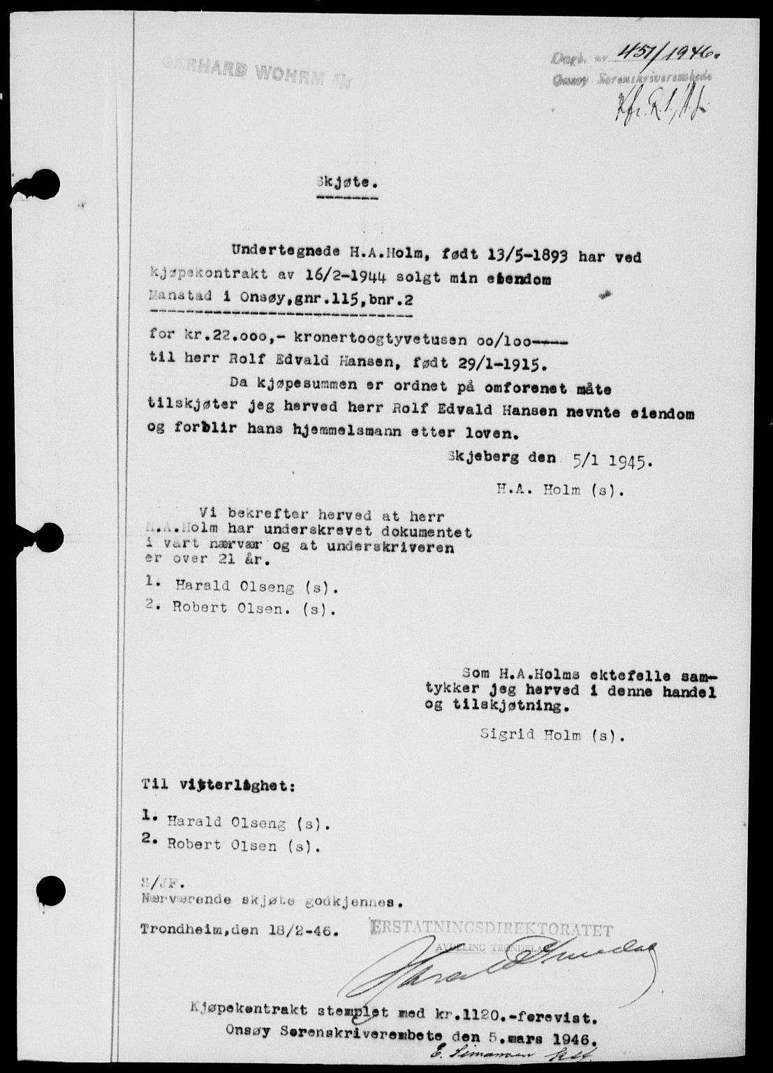 Onsøy sorenskriveri, SAO/A-10474/G/Ga/Gab/L0015: Mortgage book no. II A-15, 1945-1946, Diary no: : 451/1946