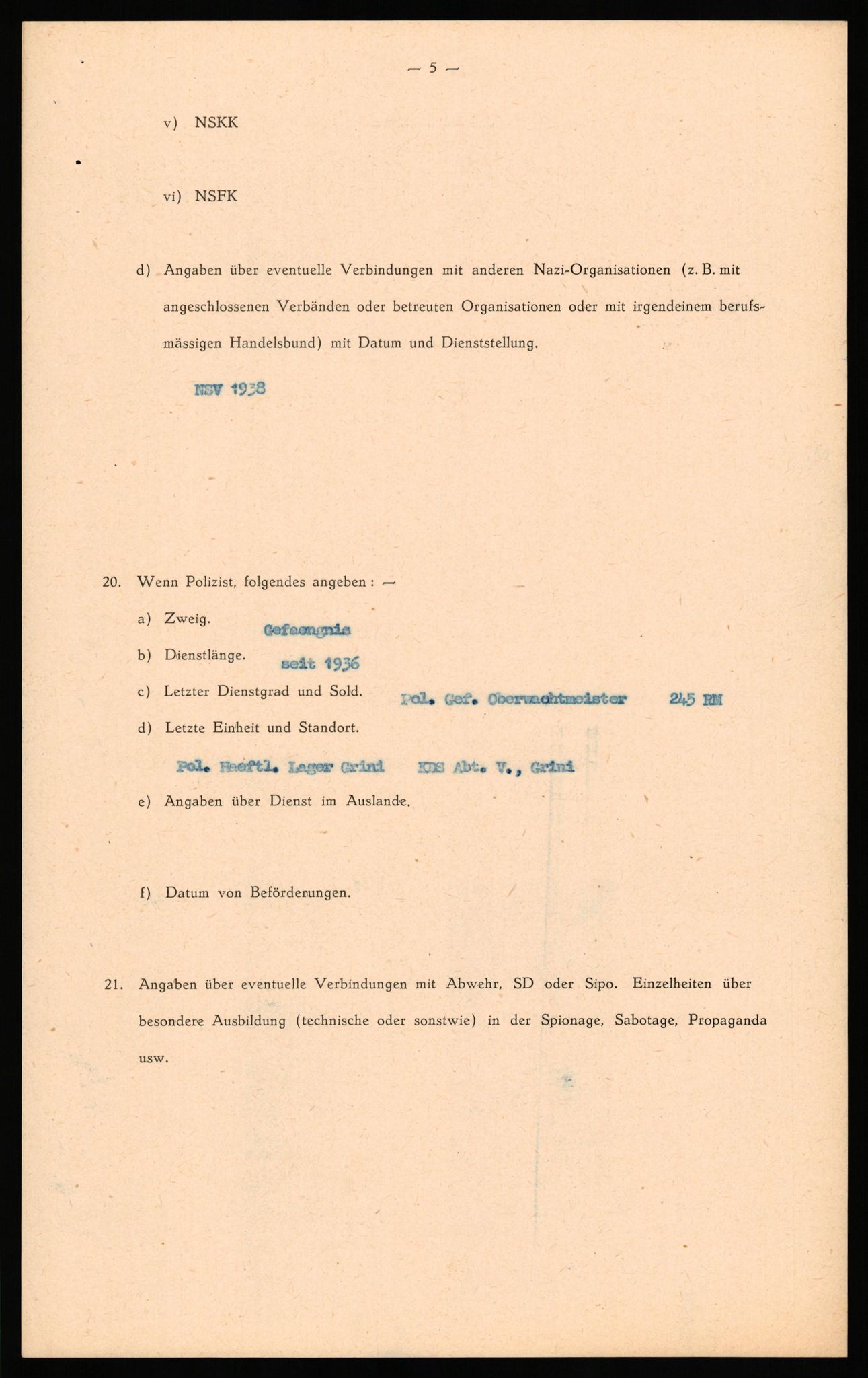 Forsvaret, Forsvarets overkommando II, RA/RAFA-3915/D/Db/L0034: CI Questionaires. Tyske okkupasjonsstyrker i Norge. Tyskere., 1945-1946, p. 94