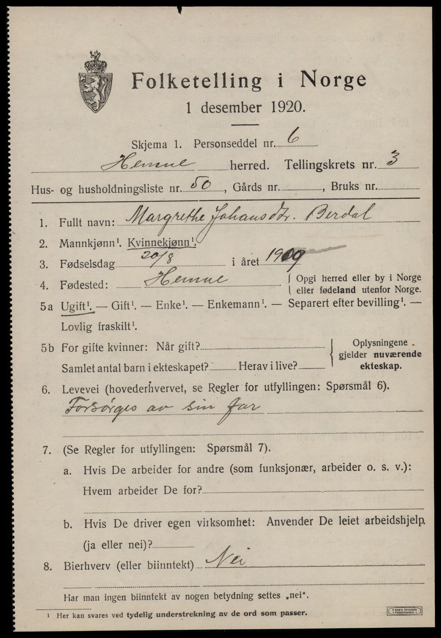 SAT, 1920 census for Hemne, 1920, p. 2844