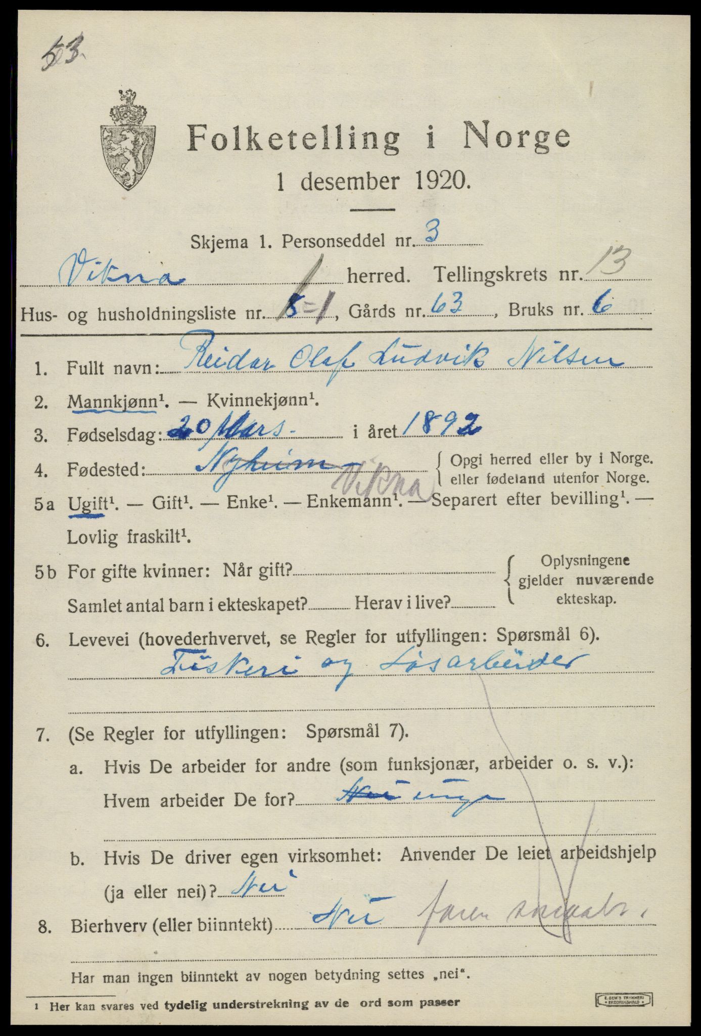 SAT, 1920 census for Vikna, 1920, p. 8217