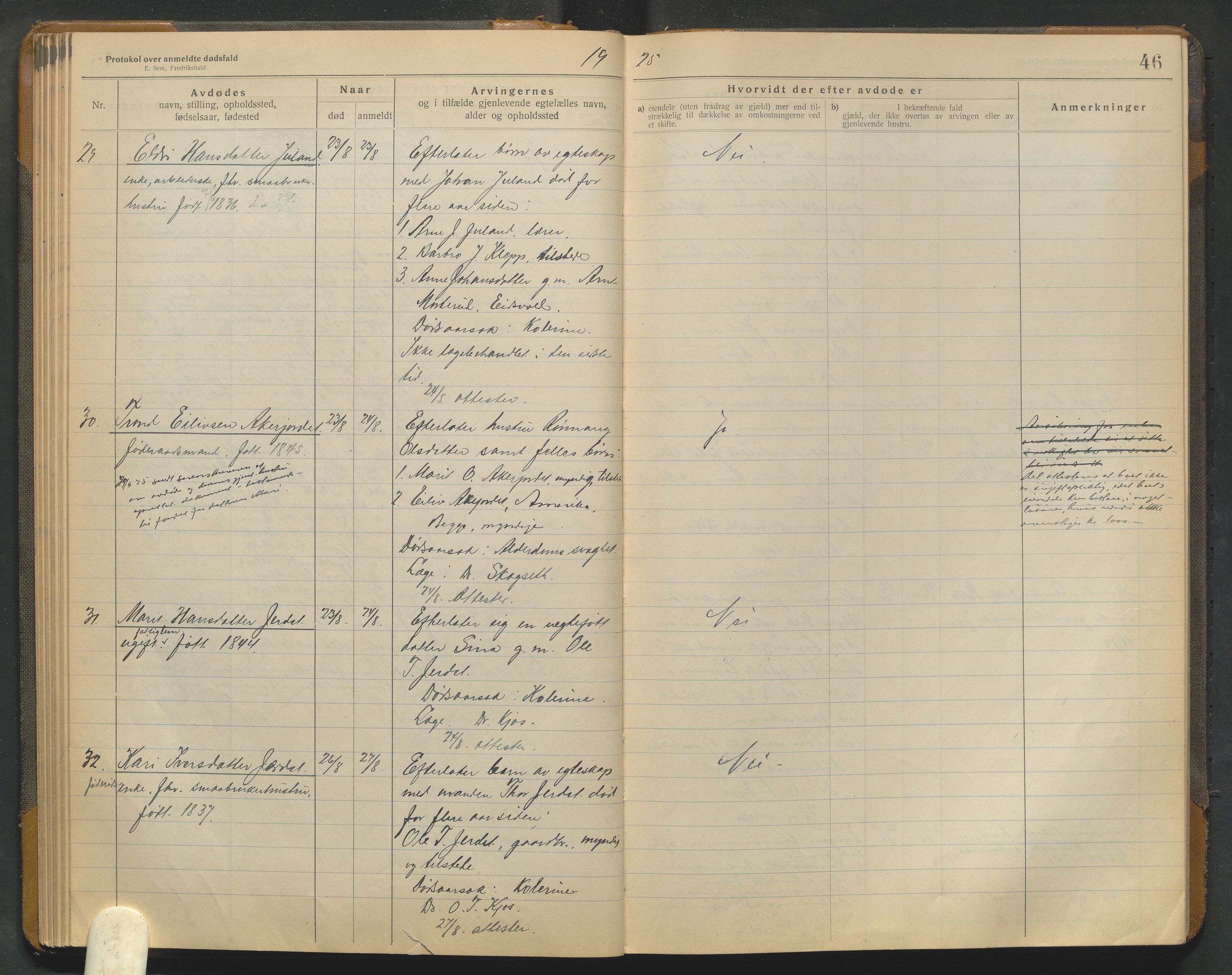 Lom lensmannskontor, AV/SAH-PGL-006/H/Ha/Haa/L0001/0004: Dødsfallsprotokoller / Dødsfallsprotokoll, 1922-1937, p. 46