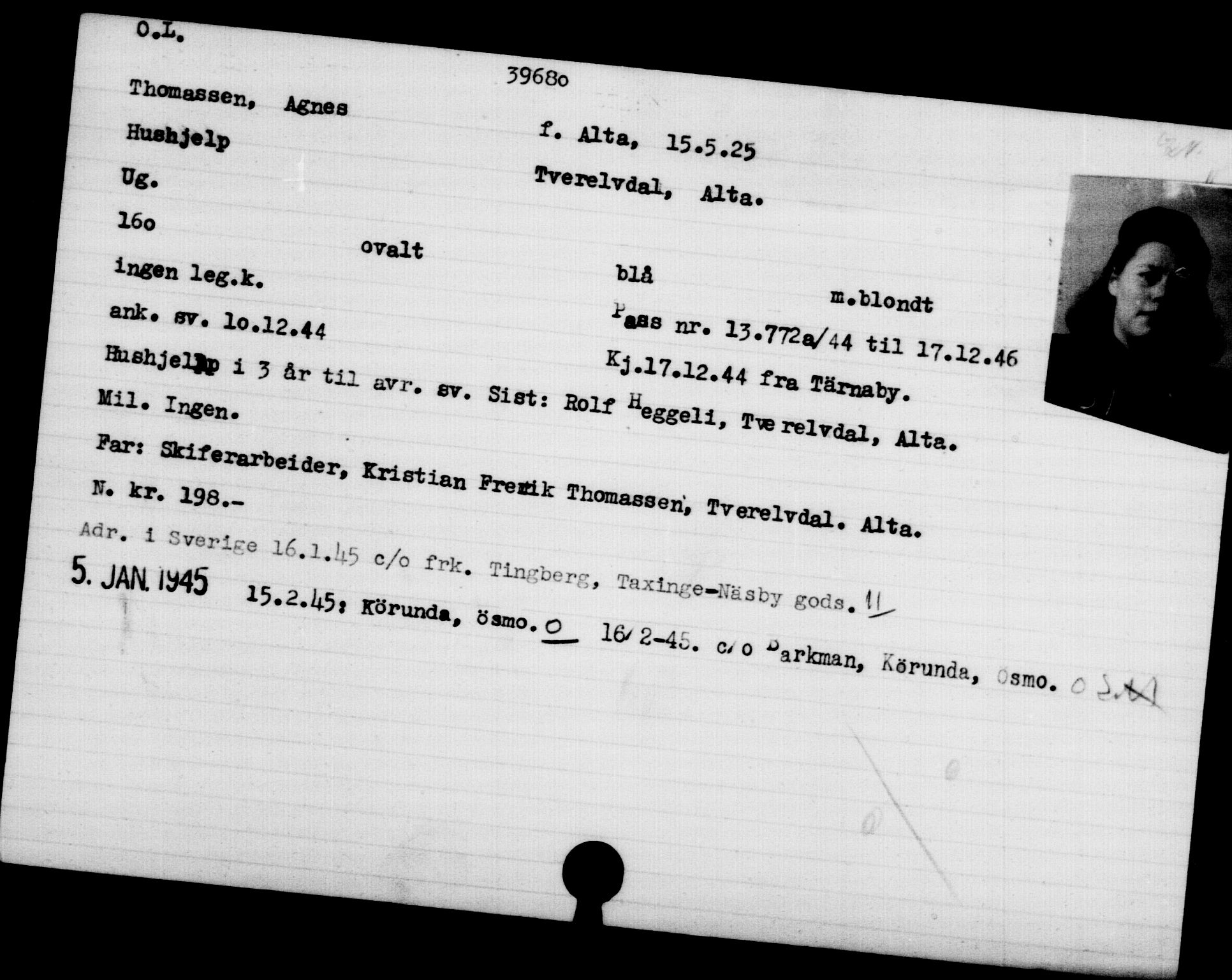 Utenriksstasjonene, Legasjonen i Stockholm, Flyktningkontoret, AV/RA-S-6753/V/Va/L0015: Kjesäterkartoteket, flyktninger med registreringsnr. 37800-40770, 1940-1945, p. 1939