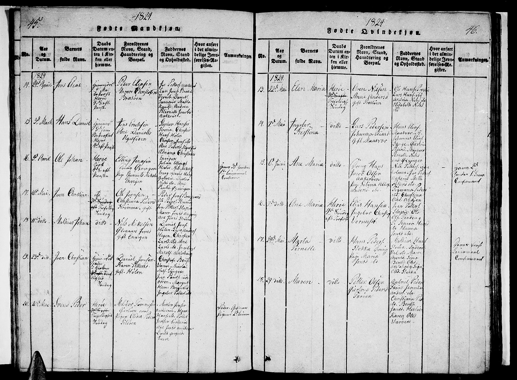 Ministerialprotokoller, klokkerbøker og fødselsregistre - Nordland, AV/SAT-A-1459/834/L0510: Parish register (copy) no. 834C01, 1820-1847, p. 45-46