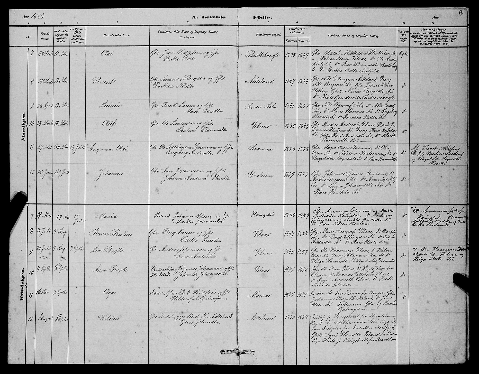 Manger sokneprestembete, AV/SAB-A-76801/H/Hab: Parish register (copy) no. D 2, 1883-1894, p. 6