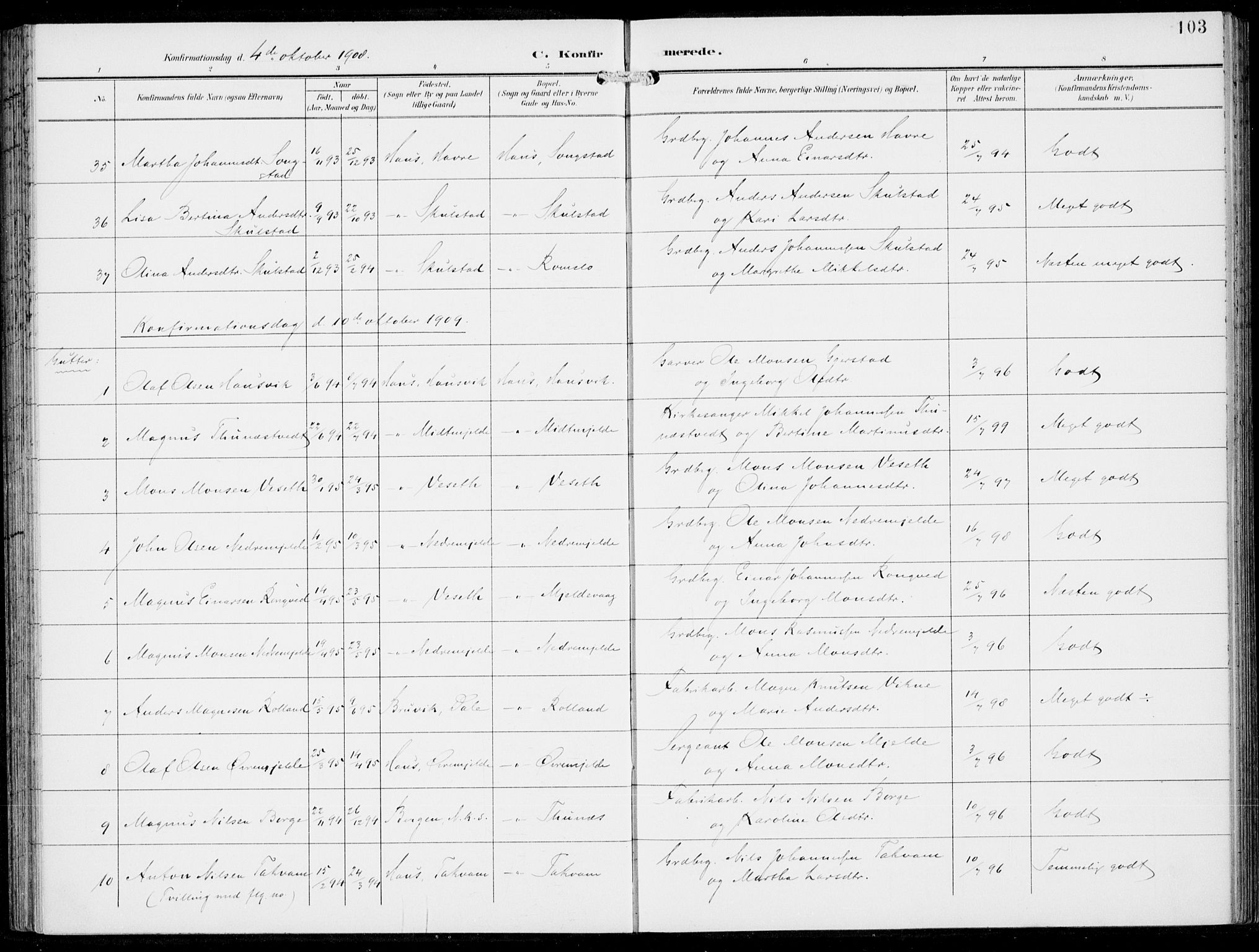 Haus sokneprestembete, SAB/A-75601/H/Haa: Parish register (official) no. B  2, 1899-1912, p. 103