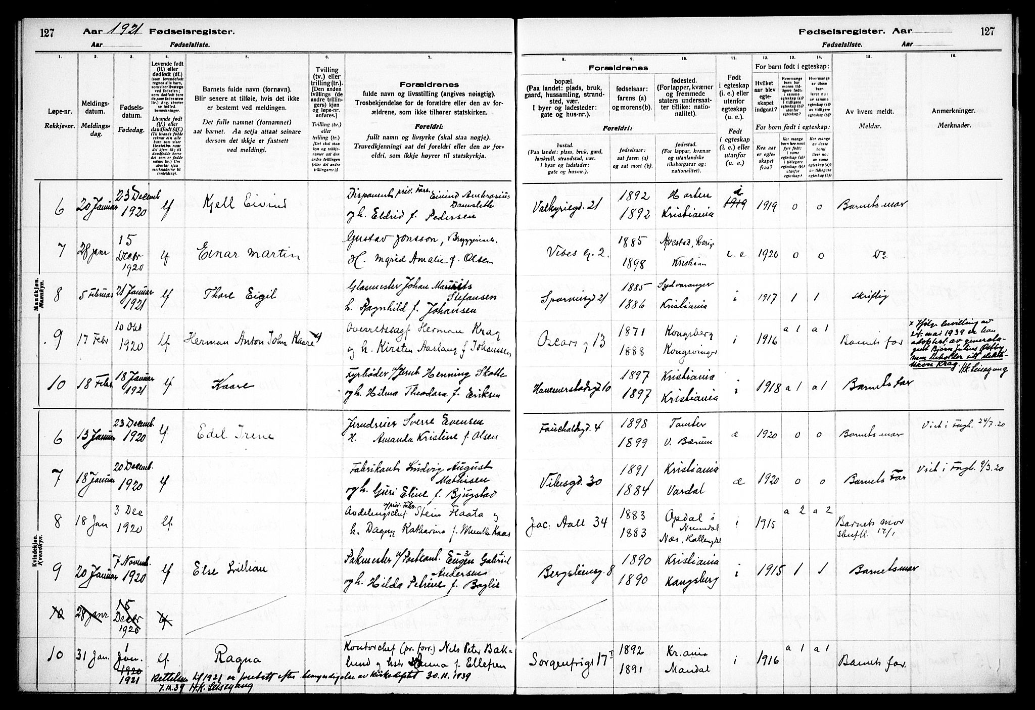 Fagerborg prestekontor Kirkebøker, AV/SAO-A-10844/J/Ja/L0001: Birth register no. 1, 1916-1925, p. 127