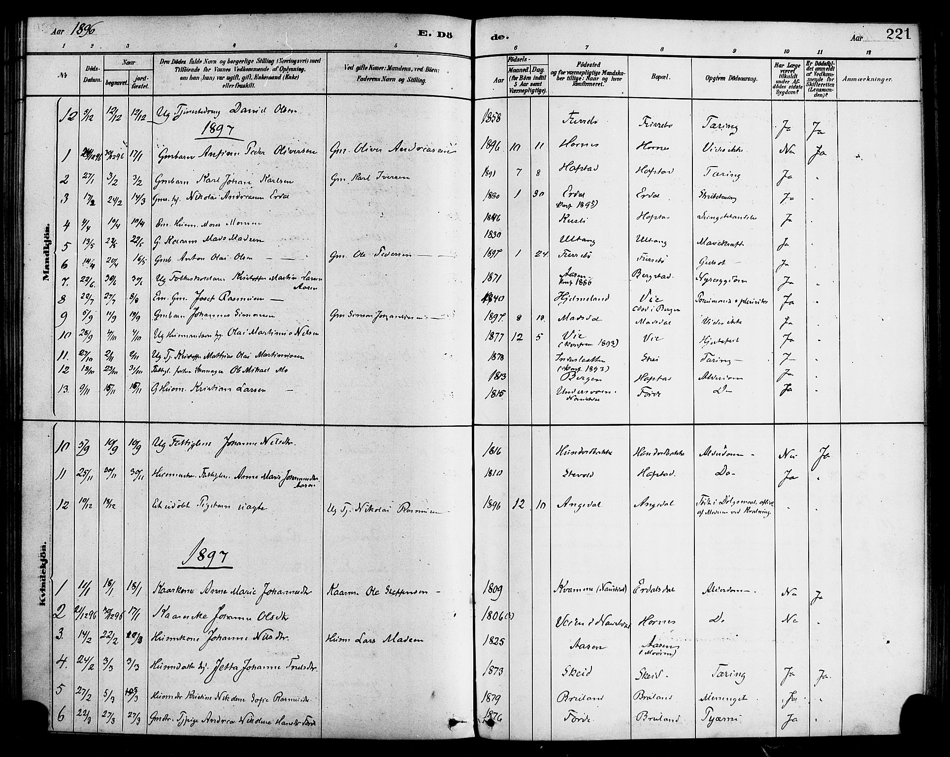 Førde sokneprestembete, SAB/A-79901/H/Haa/Haab/L0001: Parish register (official) no. B 1, 1880-1898, p. 221