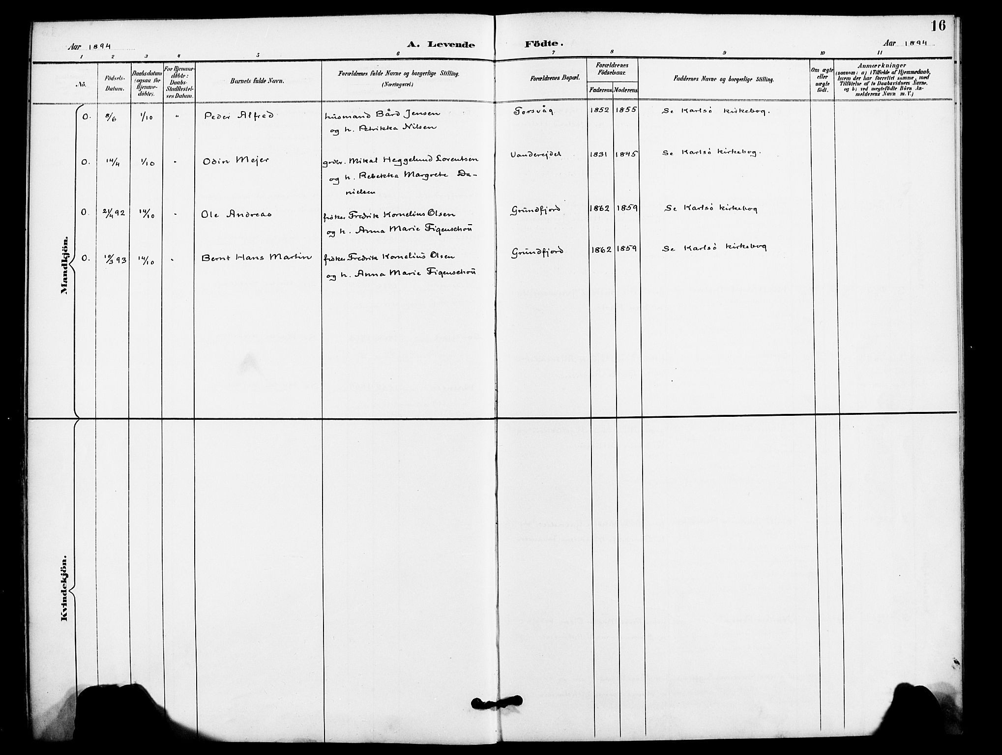 Karlsøy sokneprestembete, AV/SATØ-S-1299/H/Ha/Haa/L0012kirke: Parish register (official) no. 12, 1892-1902, p. 16