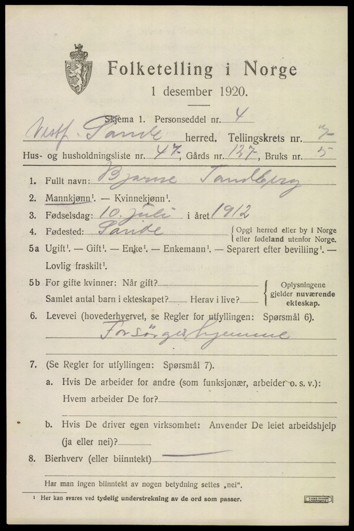 SAKO, 1920 census for Sande, 1920, p. 8612