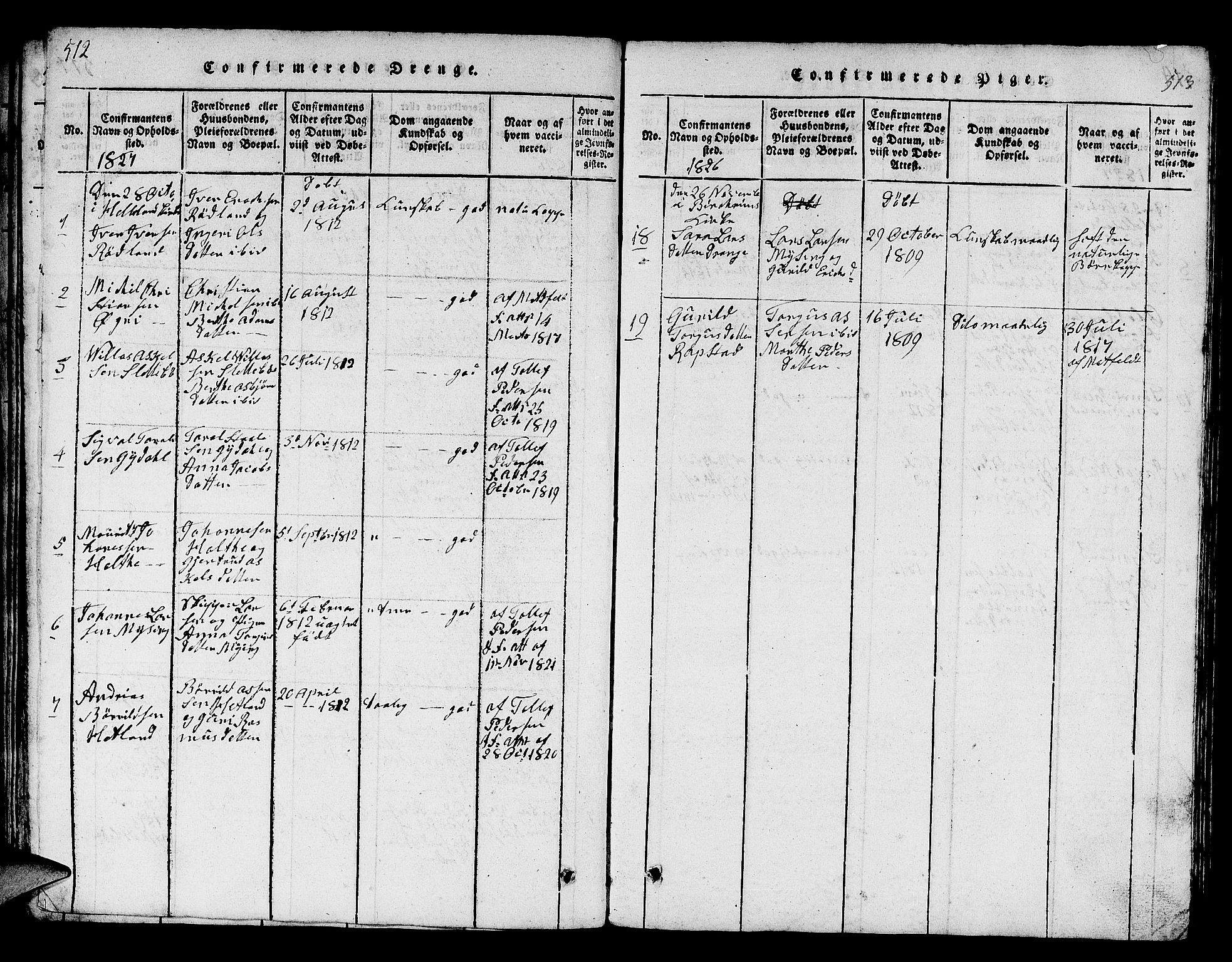 Helleland sokneprestkontor, AV/SAST-A-101810: Parish register (copy) no. B 1, 1815-1841, p. 512-513