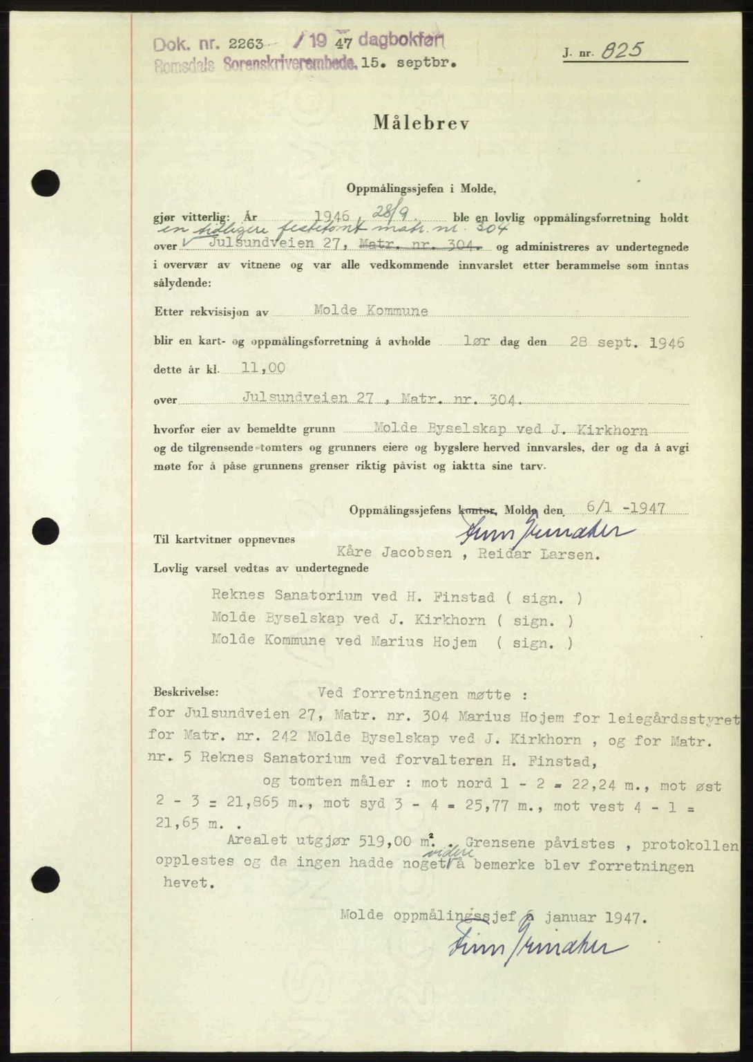 Romsdal sorenskriveri, SAT/A-4149/1/2/2C: Mortgage book no. A24, 1947-1947, Diary no: : 2263/1947