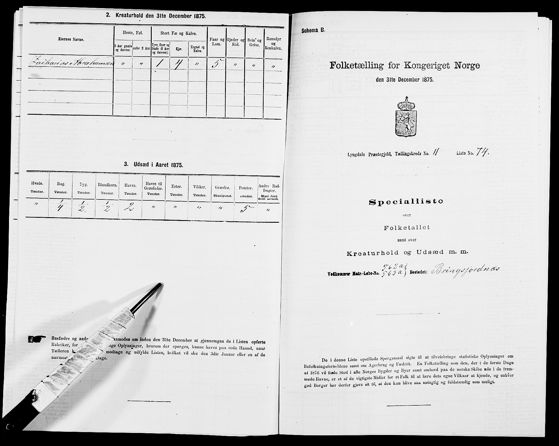 SAK, 1875 census for 1032P Lyngdal, 1875, p. 1849