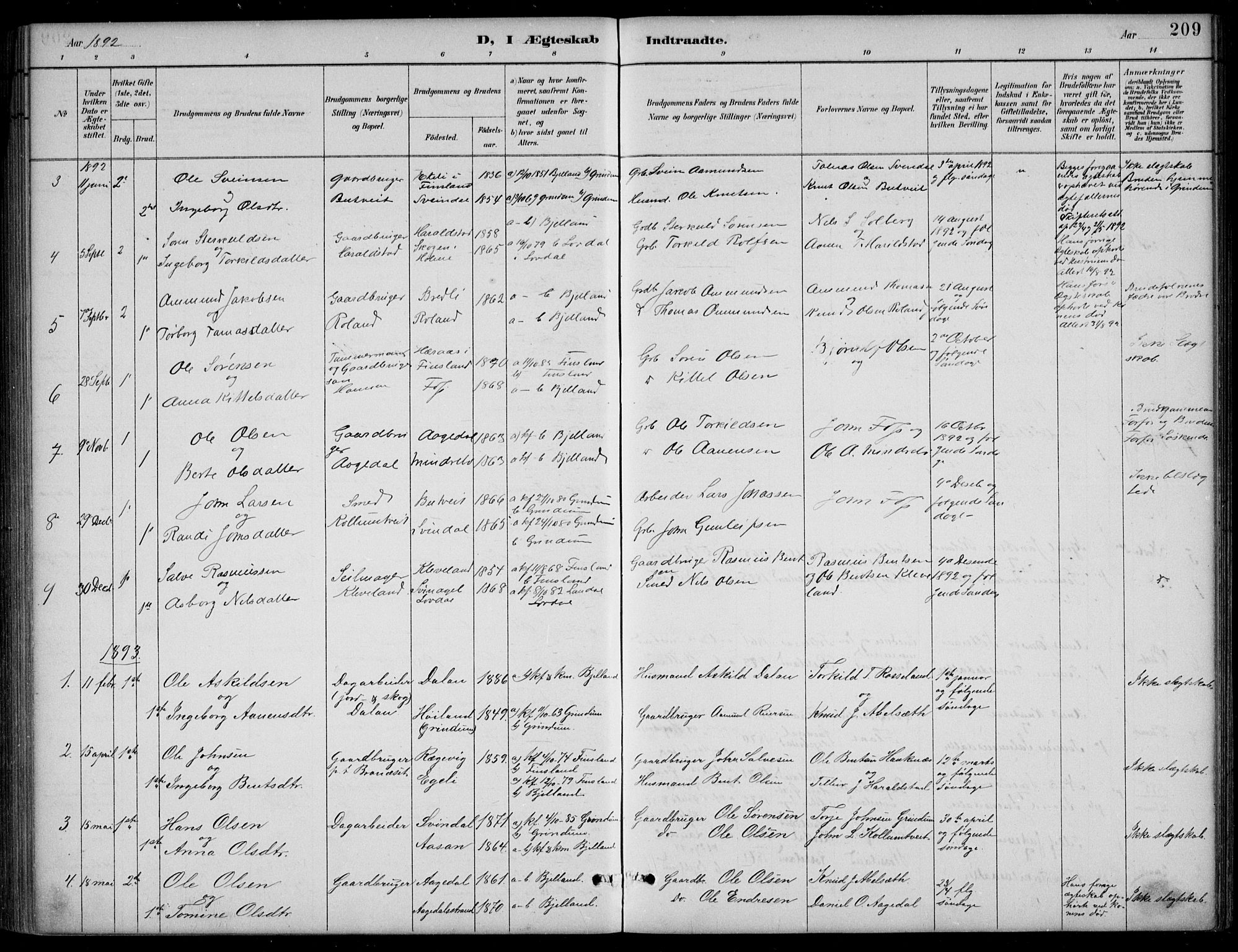 Bjelland sokneprestkontor, SAK/1111-0005/F/Fb/Fba/L0005: Parish register (copy) no. B 5, 1887-1923, p. 209