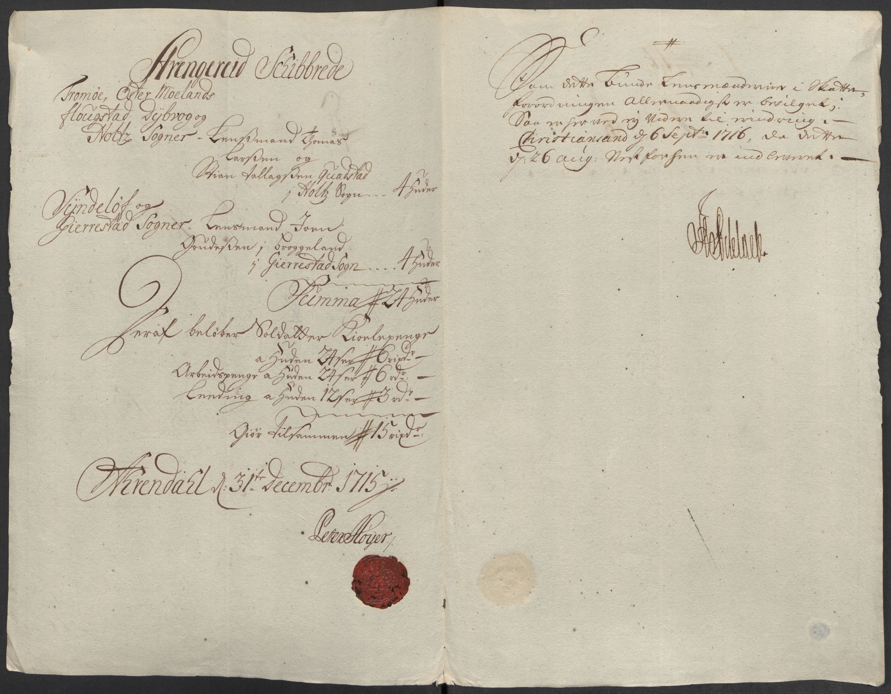 Rentekammeret inntil 1814, Reviderte regnskaper, Fogderegnskap, AV/RA-EA-4092/R39/L2323: Fogderegnskap Nedenes, 1715, p. 286