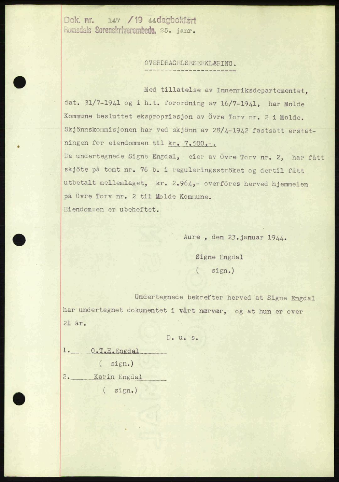 Romsdal sorenskriveri, AV/SAT-A-4149/1/2/2C: Mortgage book no. A15, 1943-1944, Diary no: : 147/1944