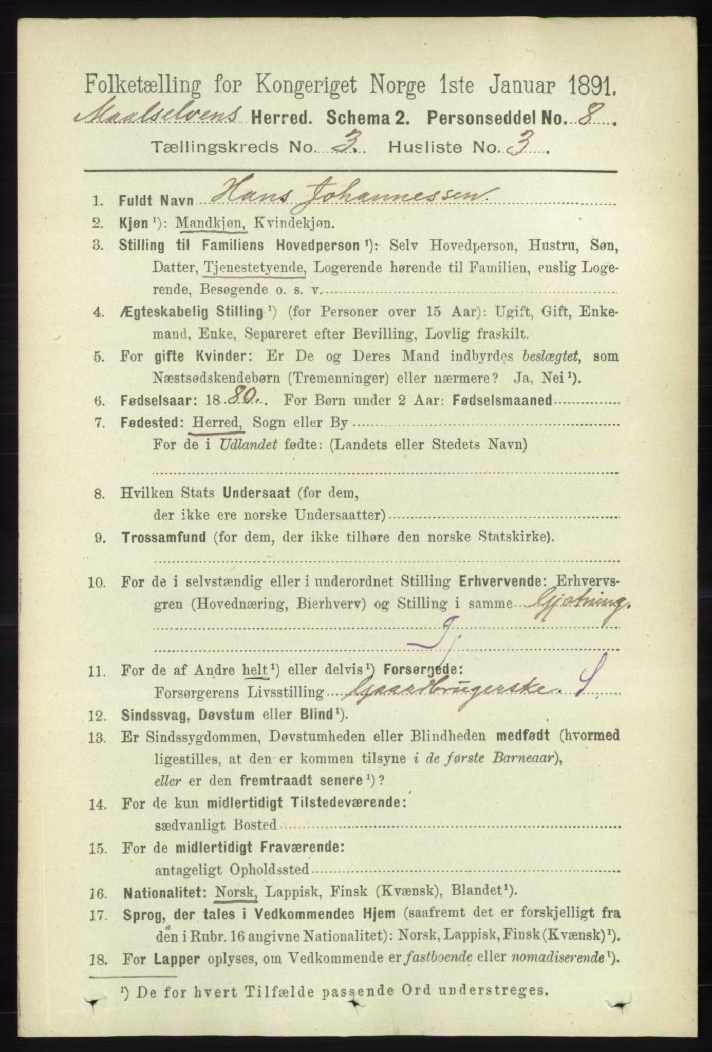 RA, 1891 census for 1924 Målselv, 1891, p. 615