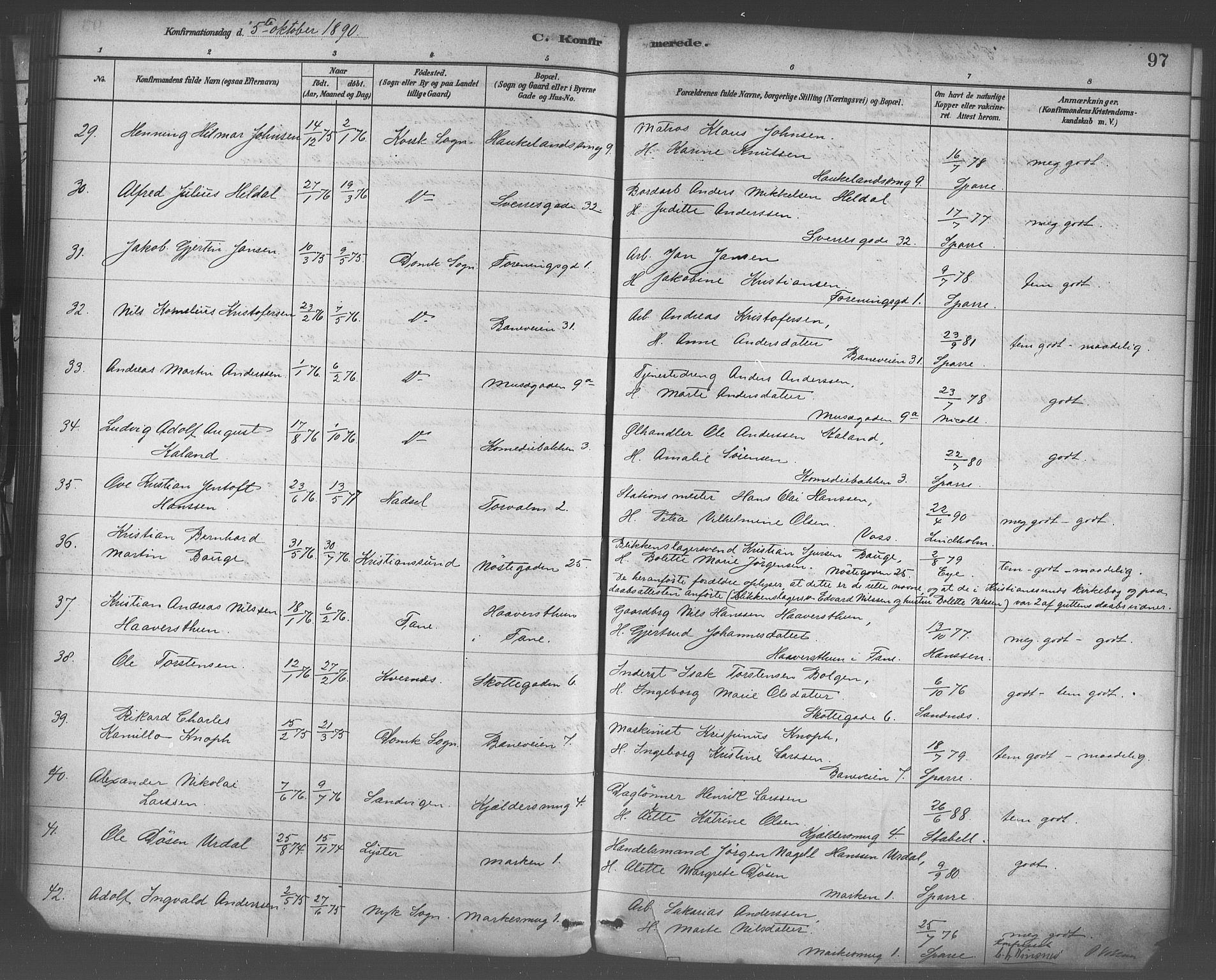 Domkirken sokneprestembete, SAB/A-74801/H/Haa/L0030: Parish register (official) no. C 5, 1880-1898, p. 97