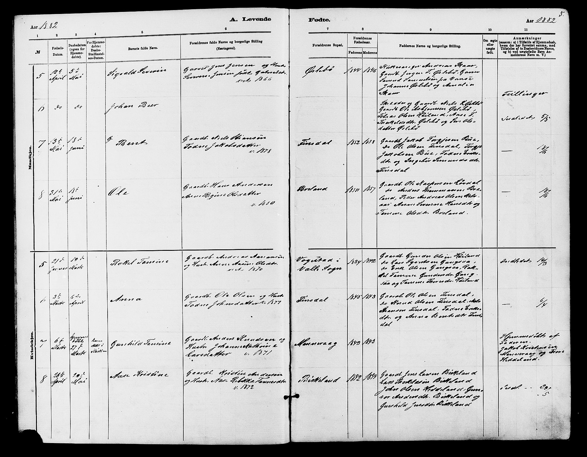 Holum sokneprestkontor, SAK/1111-0022/F/Fb/Fbc/L0003: Parish register (copy) no. B 3, 1882-1908, p. 5