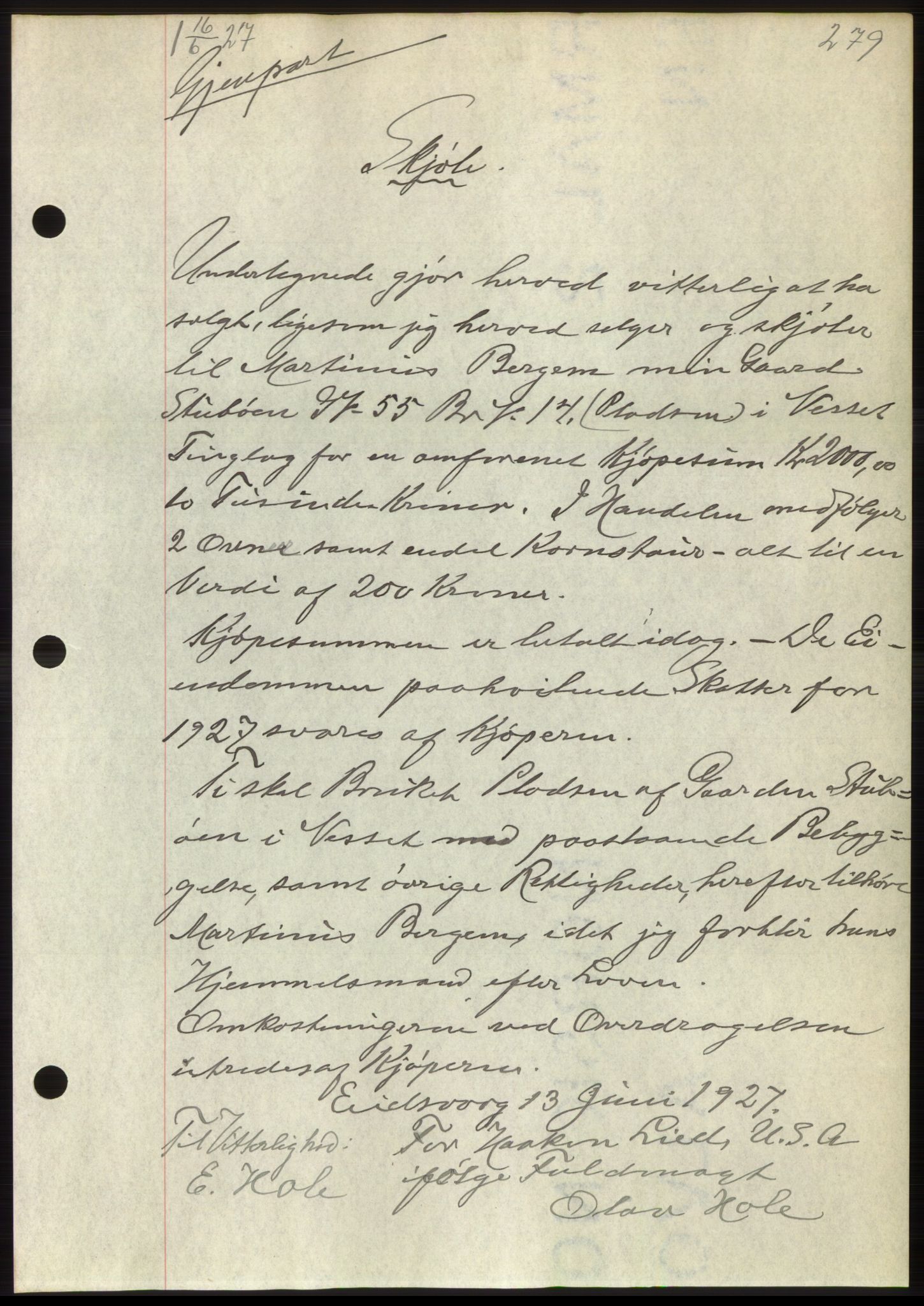 Romsdal sorenskriveri, AV/SAT-A-4149/1/2/2C/L0052: Mortgage book no. 46, 1927-1927, Deed date: 16.06.1927