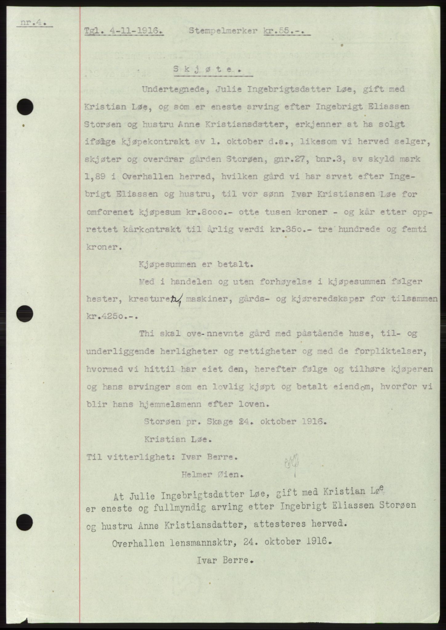 Namdal sorenskriveri, SAT/A-4133/1/2/2C: Mortgage book no. -, 1916-1921, Deed date: 04.11.1916