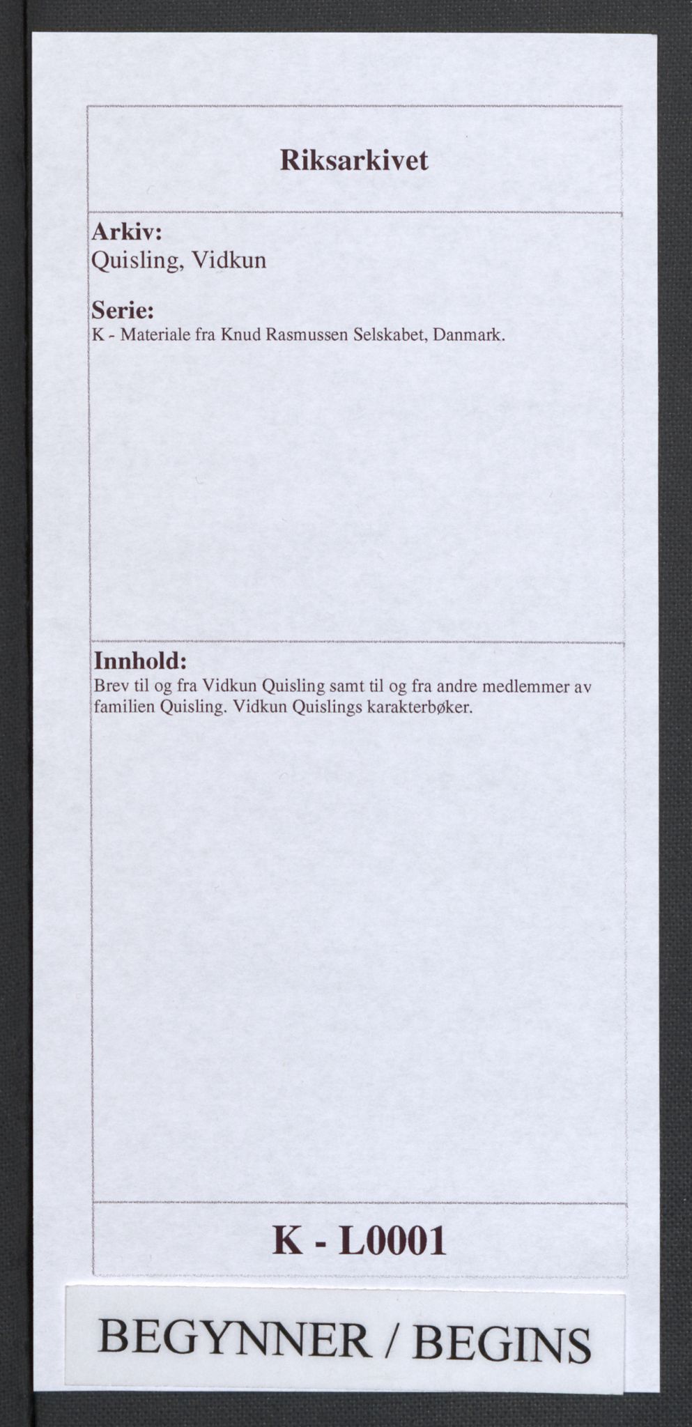 Quisling, Vidkun, AV/RA-PA-0750/K/L0001: Brev til og fra Vidkun Quisling samt til og fra andre medlemmer av familien Quisling, samt Vidkun Quislings karakterbøker, 1894-1929, p. 1