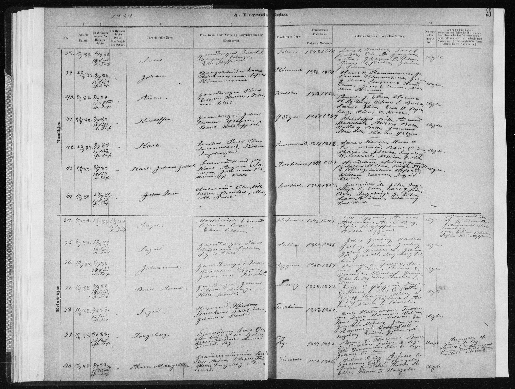 Ministerialprotokoller, klokkerbøker og fødselsregistre - Sør-Trøndelag, AV/SAT-A-1456/668/L0818: Parish register (copy) no. 668C07, 1885-1898, p. 35