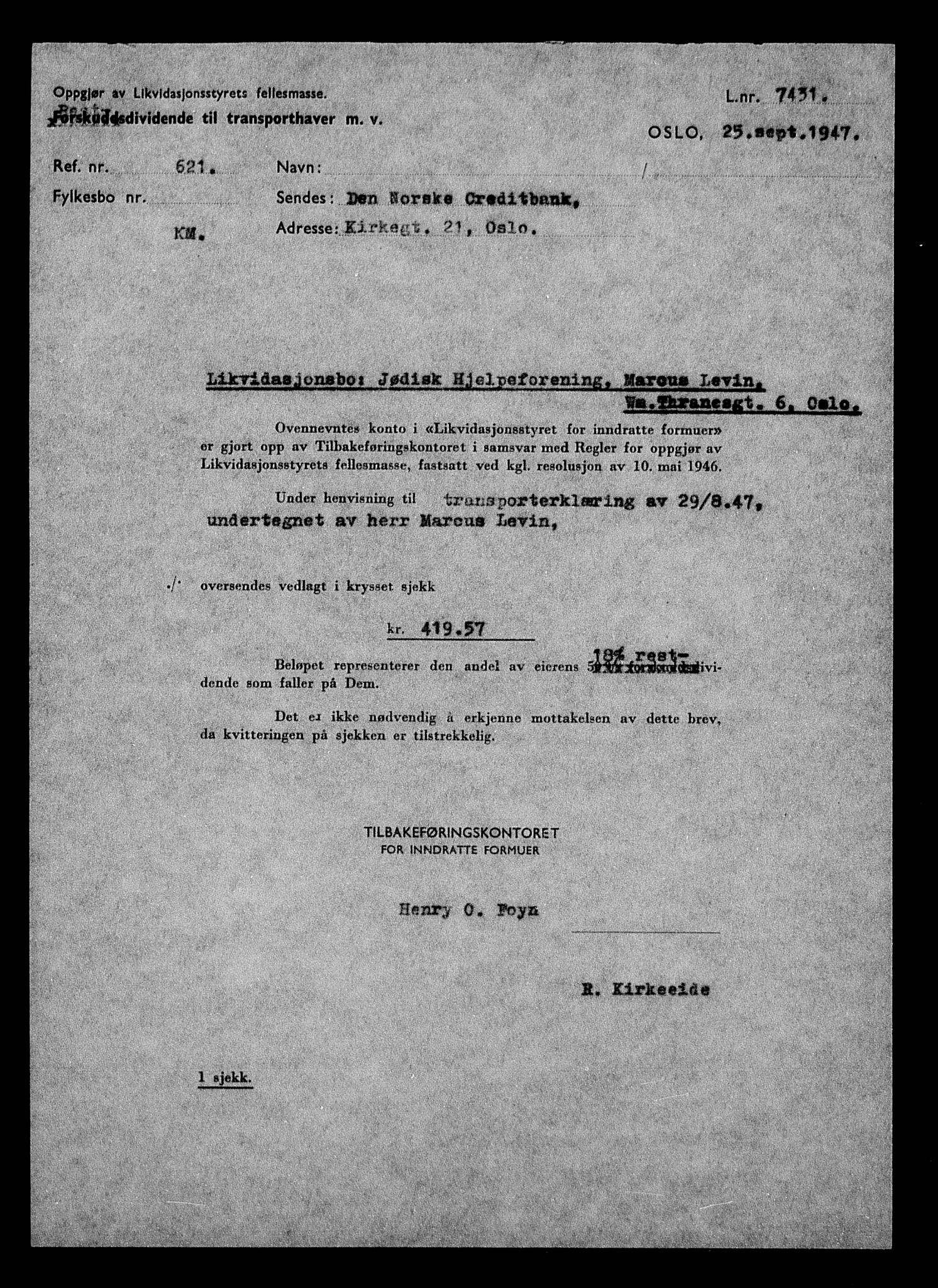 Justisdepartementet, Tilbakeføringskontoret for inndratte formuer, AV/RA-S-1564/H/Hc/Hcc/L0930: --, 1945-1947, p. 84