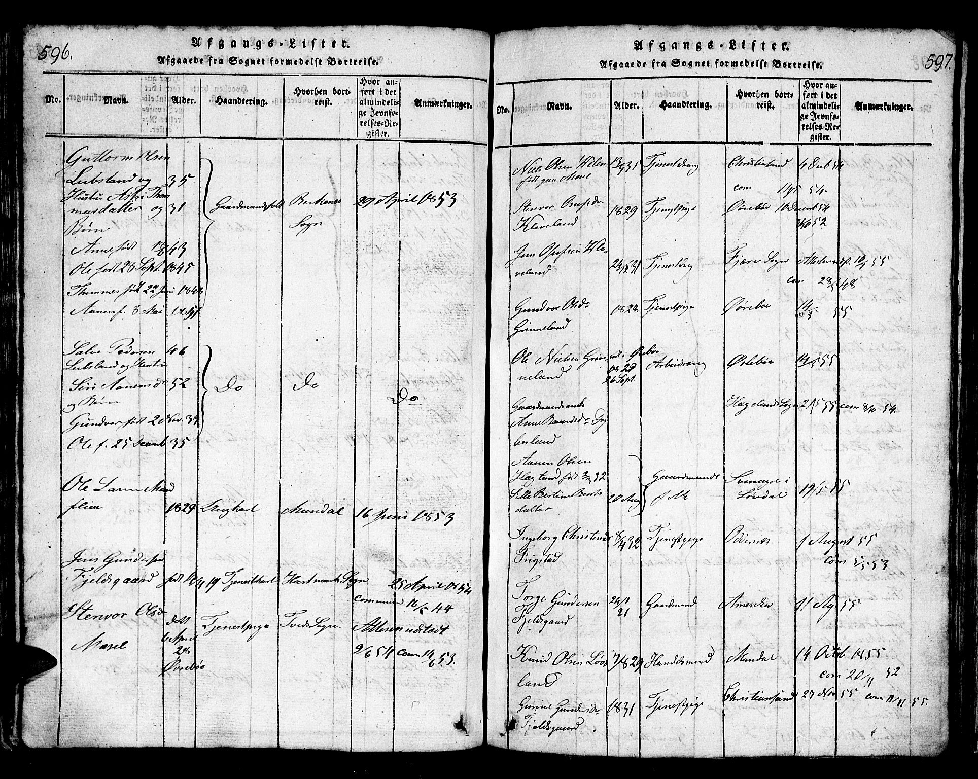 Bjelland sokneprestkontor, AV/SAK-1111-0005/F/Fb/Fbb/L0003: Parish register (copy) no. B 3, 1816-1868, p. 596-597