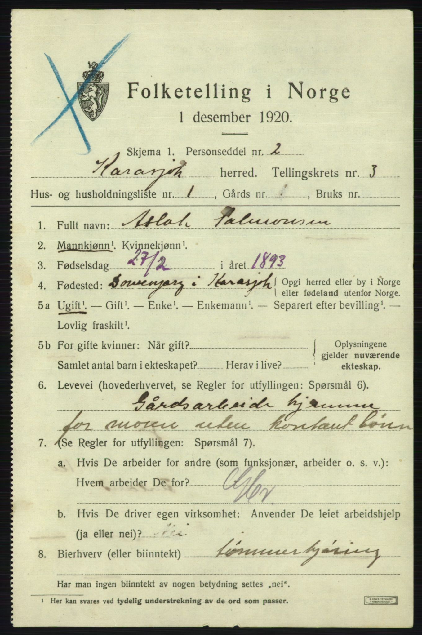 SATØ, 1920 census for Karasjok, 1920, p. 1382