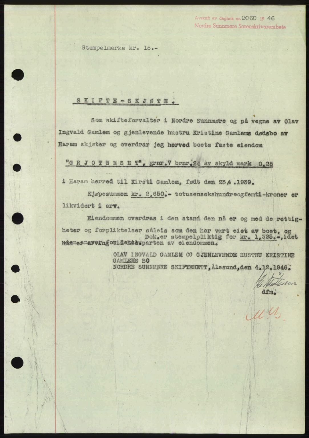 Nordre Sunnmøre sorenskriveri, AV/SAT-A-0006/1/2/2C/2Ca: Mortgage book no. A23, 1946-1947, Diary no: : 2060/1946