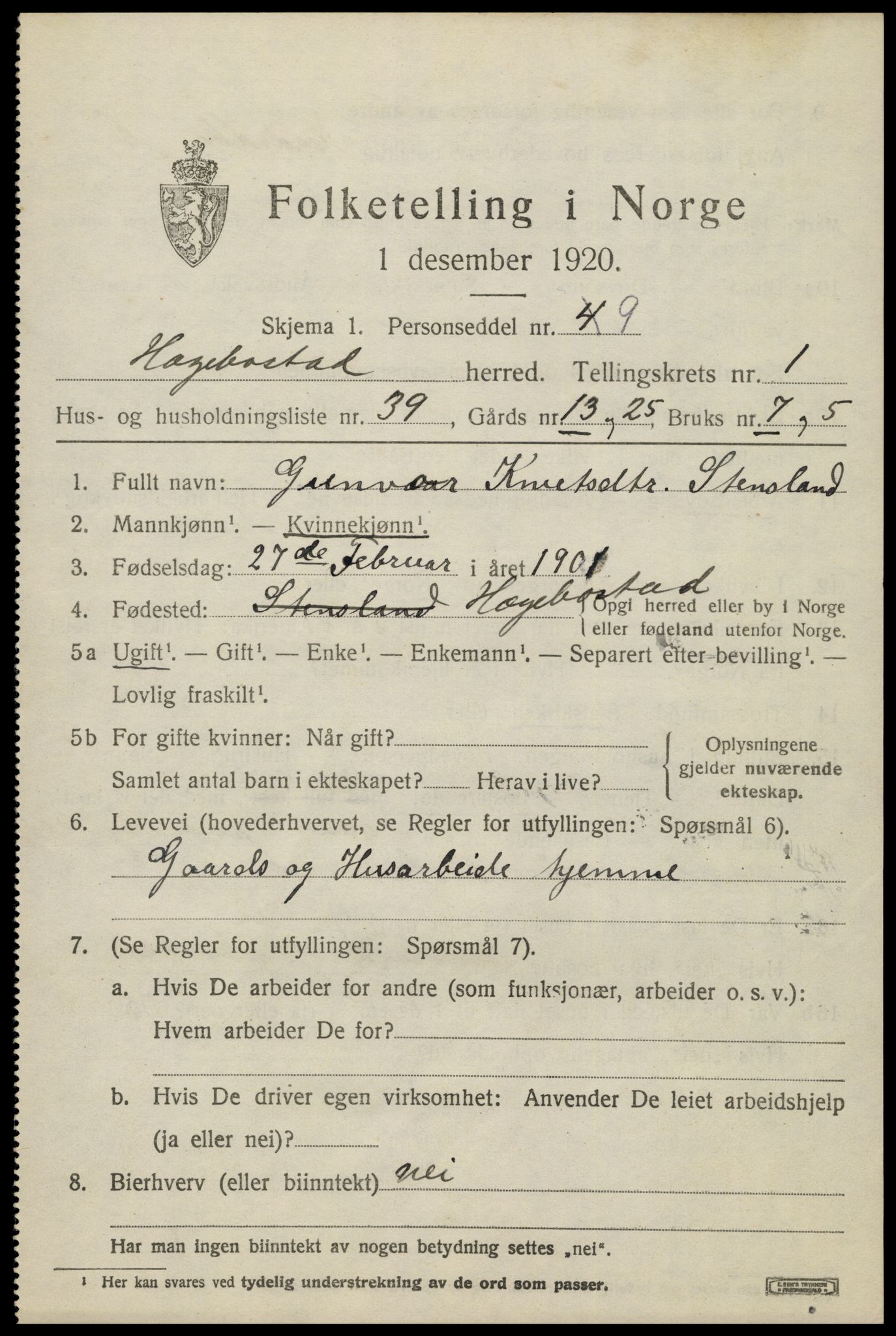 SAK, 1920 census for Hægebostad, 1920, p. 859