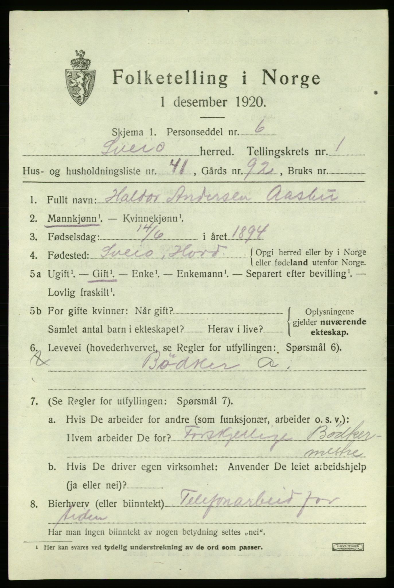 SAB, 1920 census for Sveio, 1920, p. 1302