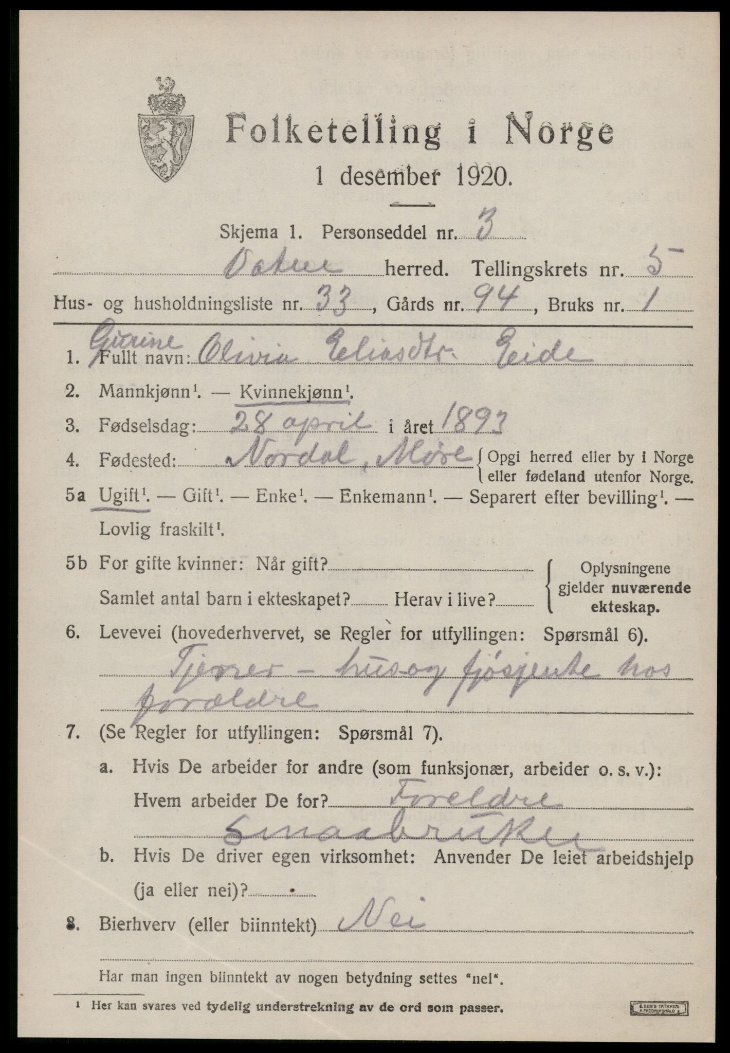 SAT, 1920 census for Vatne, 1920, p. 2656
