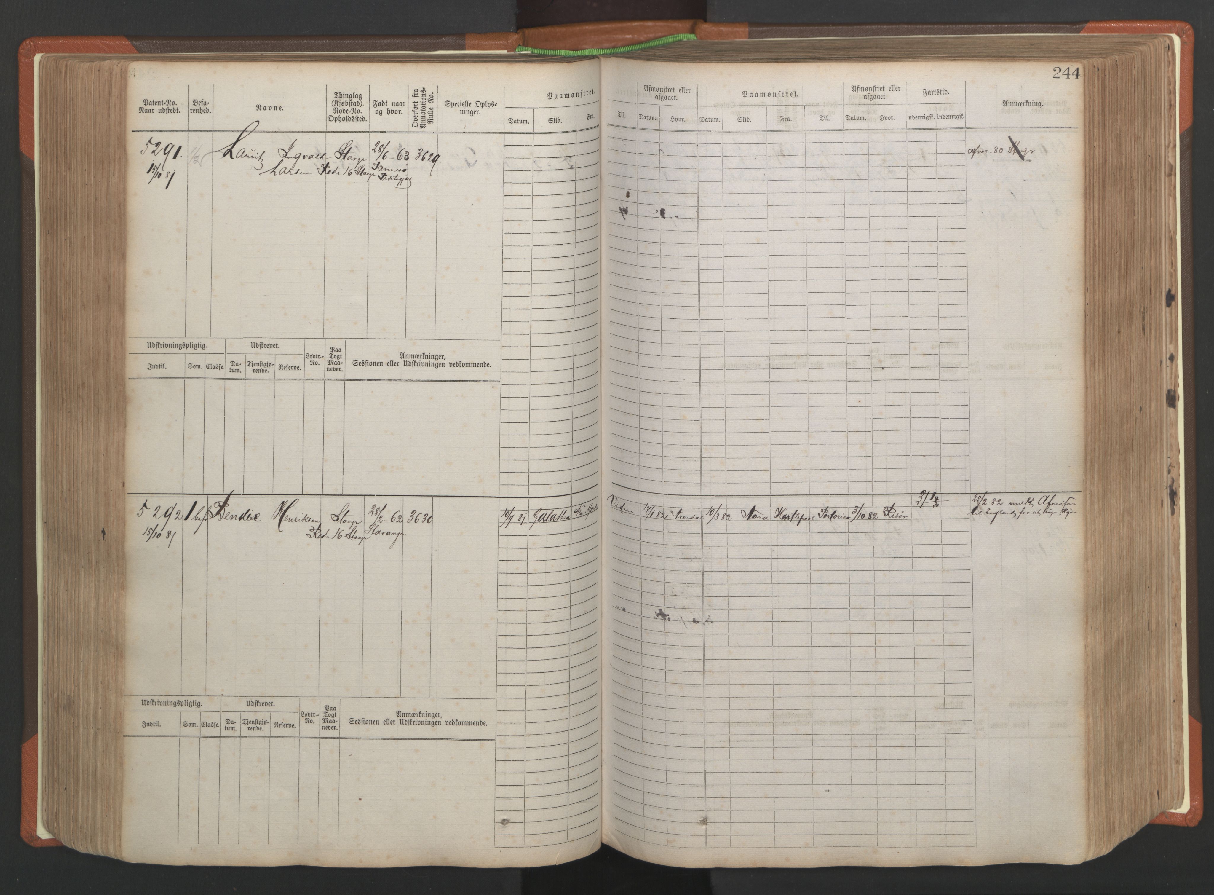 Stavanger sjømannskontor, AV/SAST-A-102006/F/Fb/Fbb/L0009: Sjøfartshovedrulle, patentnr. 4805-6006, 1879-1887, p. 250