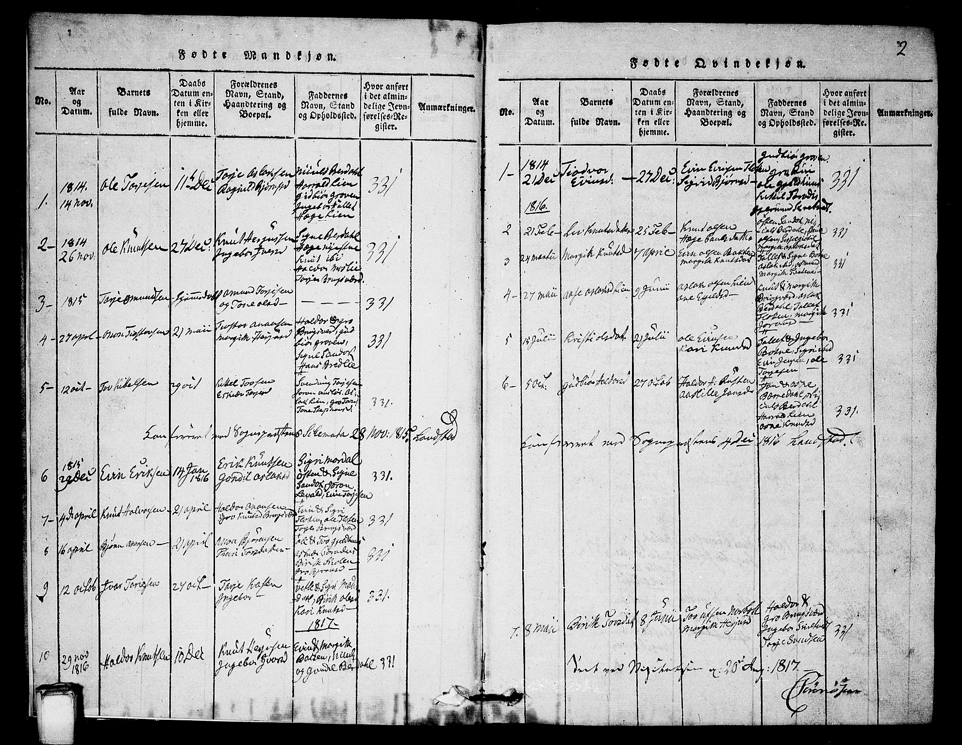 Vinje kirkebøker, SAKO/A-312/G/Gb/L0001: Parish register (copy) no. II 1, 1814-1843, p. 2
