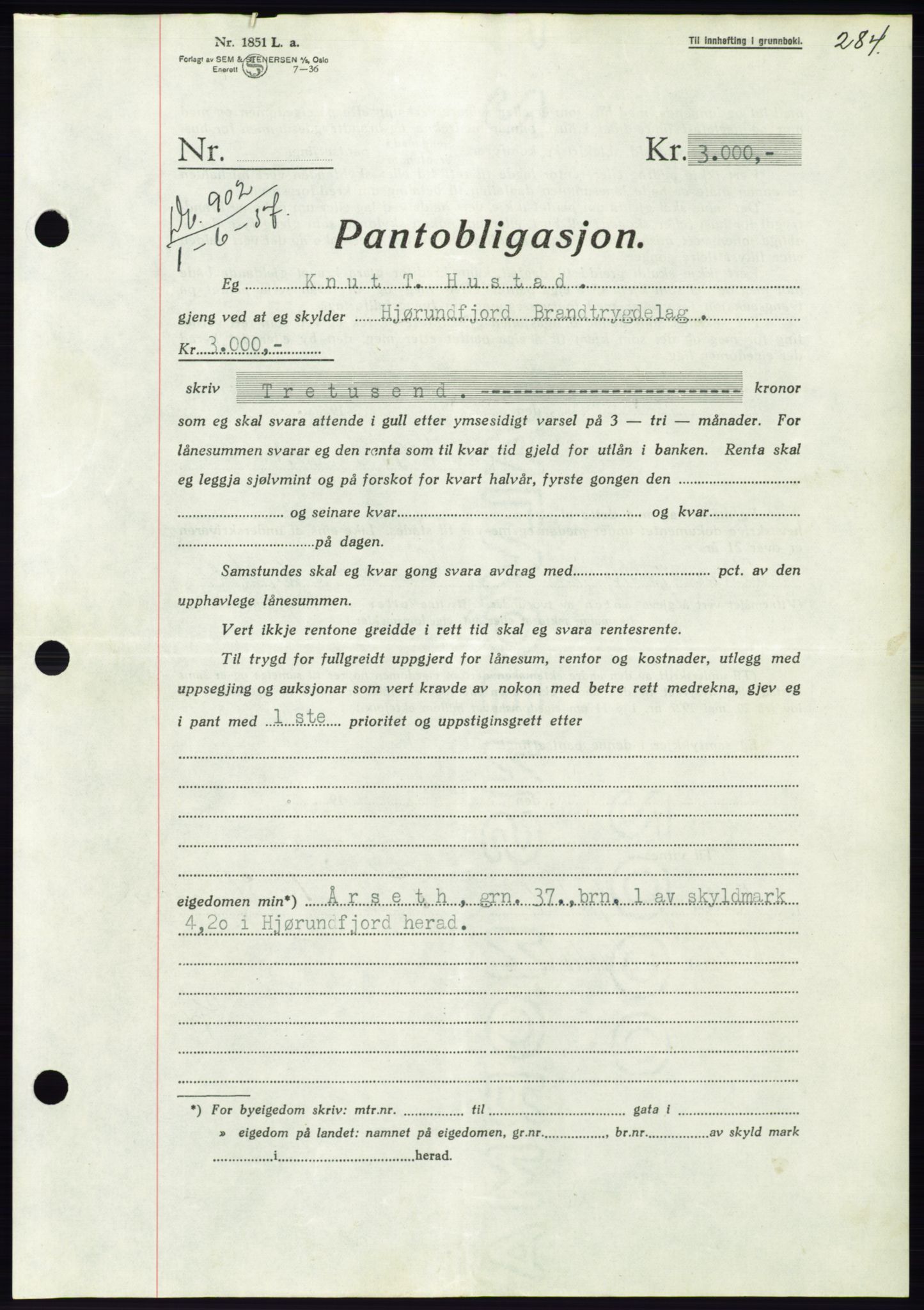 Søre Sunnmøre sorenskriveri, AV/SAT-A-4122/1/2/2C/L0063: Mortgage book no. 57, 1937-1937, Diary no: : 902/1937