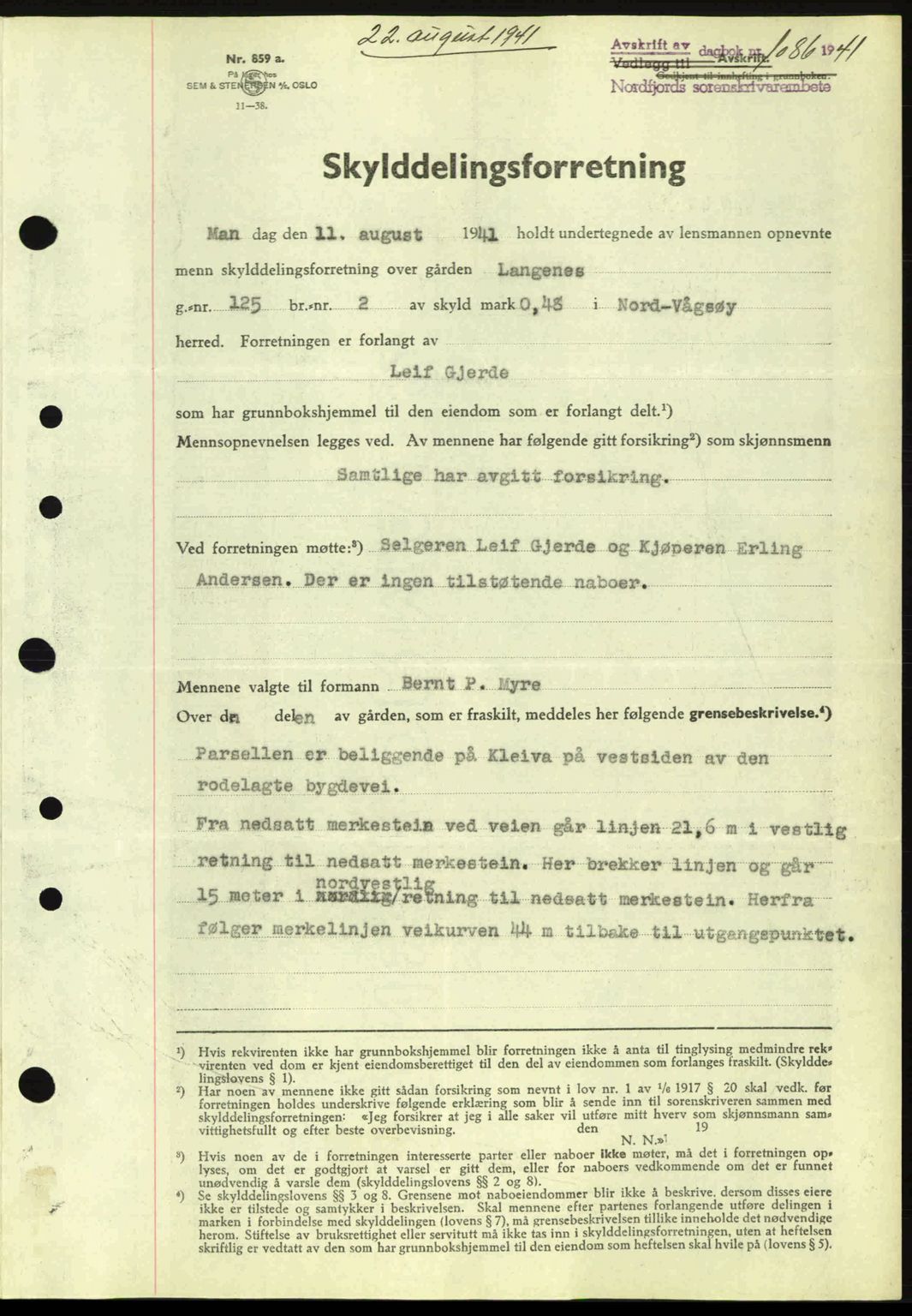 Nordfjord sorenskriveri, AV/SAB-A-2801/02/02b/02bj/L0006: Mortgage book no. A6, 1940-1941, Diary no: : 1086/1941