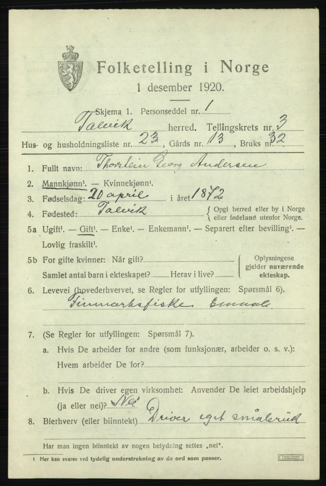 SATØ, 1920 census for Talvik, 1920, p. 2452