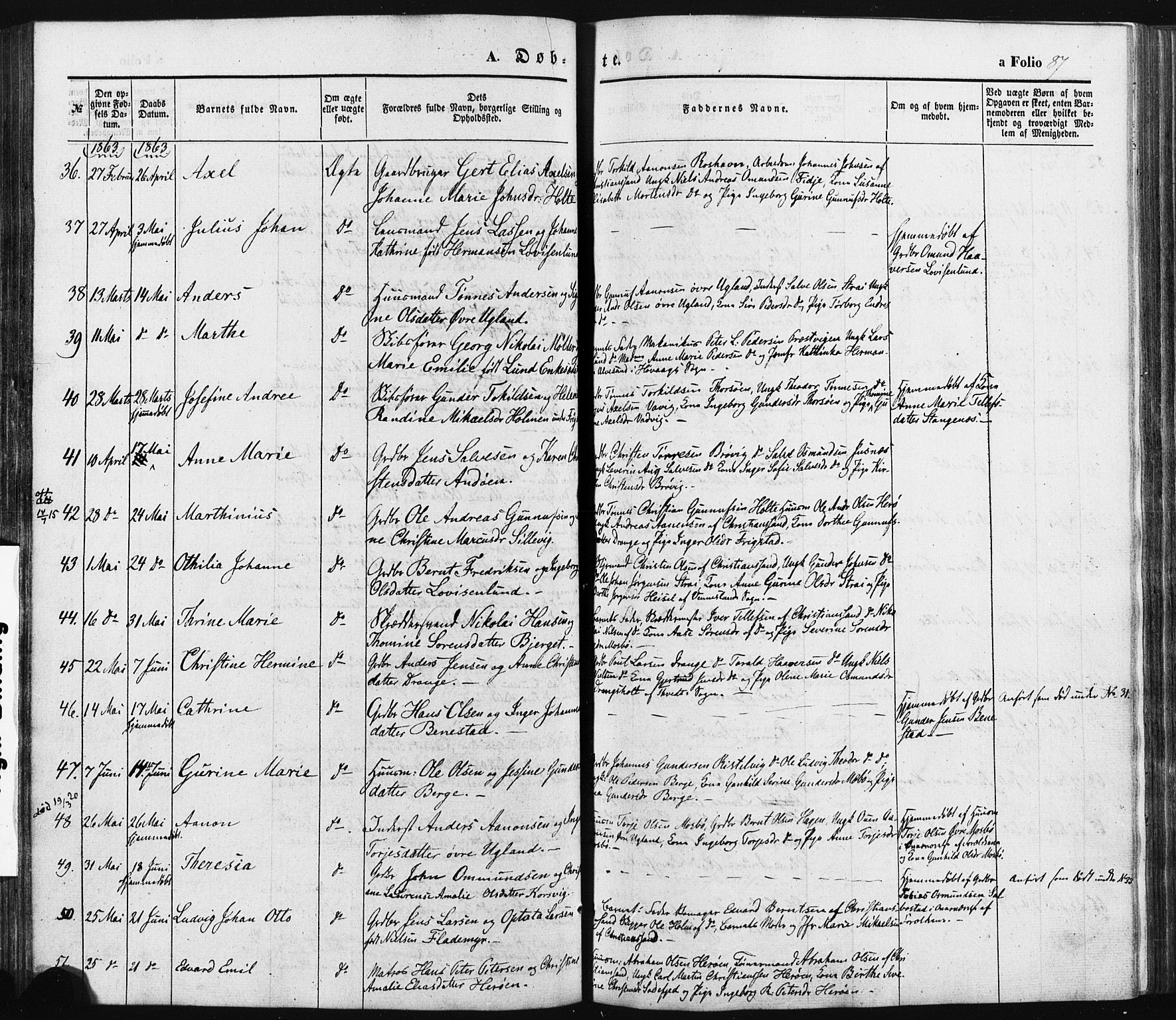 Oddernes sokneprestkontor, SAK/1111-0033/F/Fa/Faa/L0007: Parish register (official) no. A 7, 1851-1863, p. 87