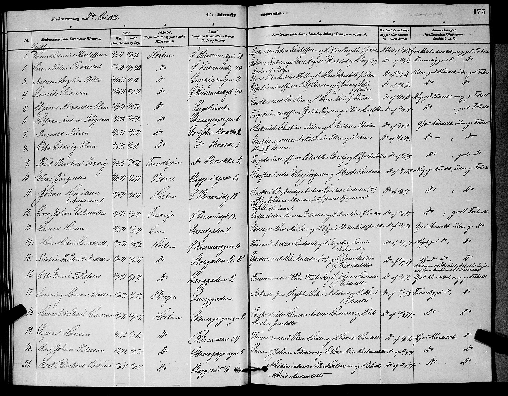 Horten kirkebøker, SAKO/A-348/G/Ga/L0003: Parish register (copy) no. 4, 1878-1887, p. 175