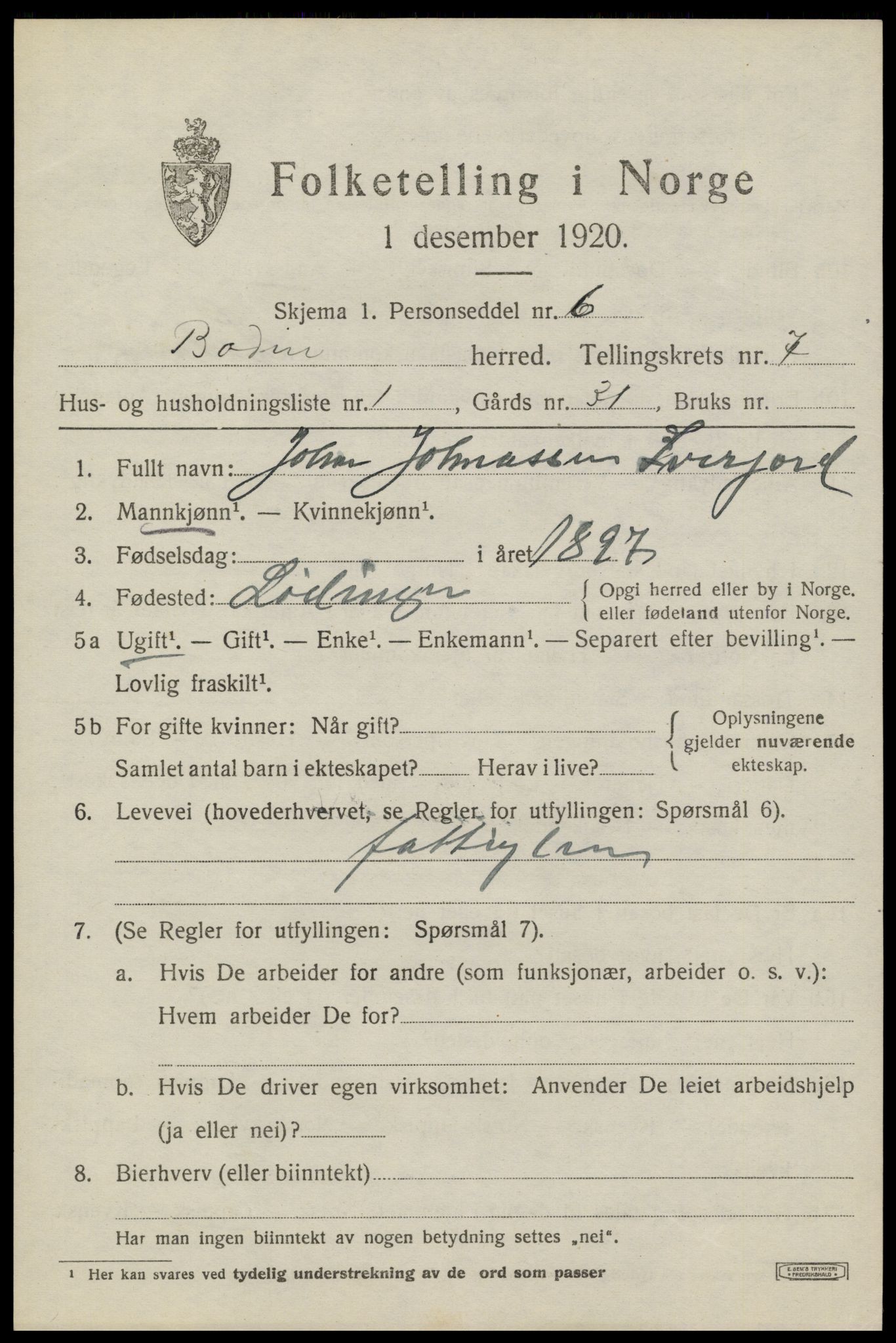 SAT, 1920 census for Bodin, 1920, p. 3970