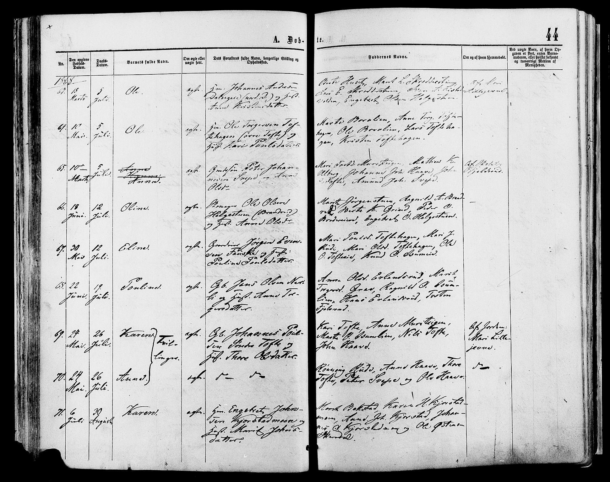 Sør-Fron prestekontor, AV/SAH-PREST-010/H/Ha/Haa/L0002: Parish register (official) no. 2, 1864-1880, p. 44